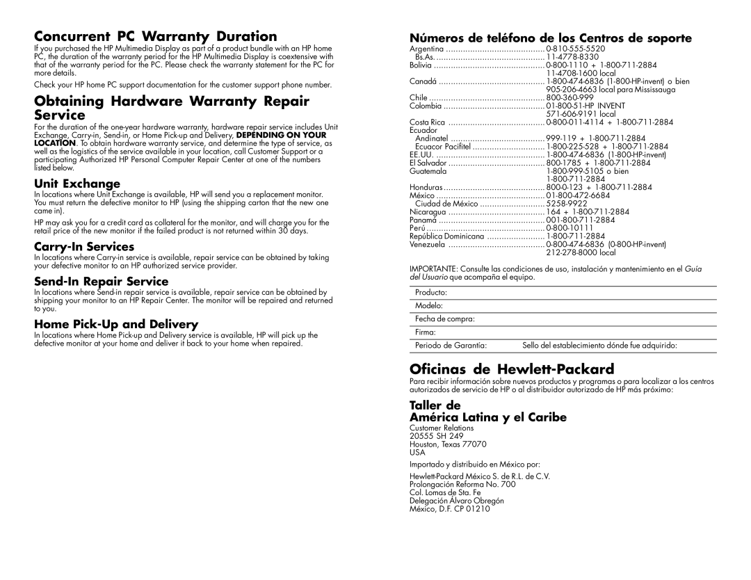 HP f1523 15 inch Concurrent PC Warranty Duration, Obtaining Hardware Warranty Repair Service, Oficinas de Hewlett-Packard 