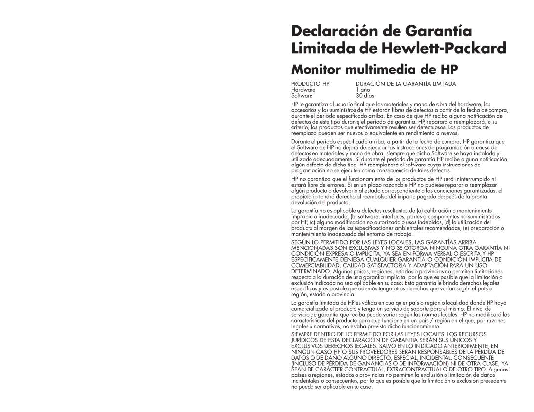 HP f1523 15 inch manual Monitor multimedia de HP, Producto HP Duración DE LA Garantía Limitada 