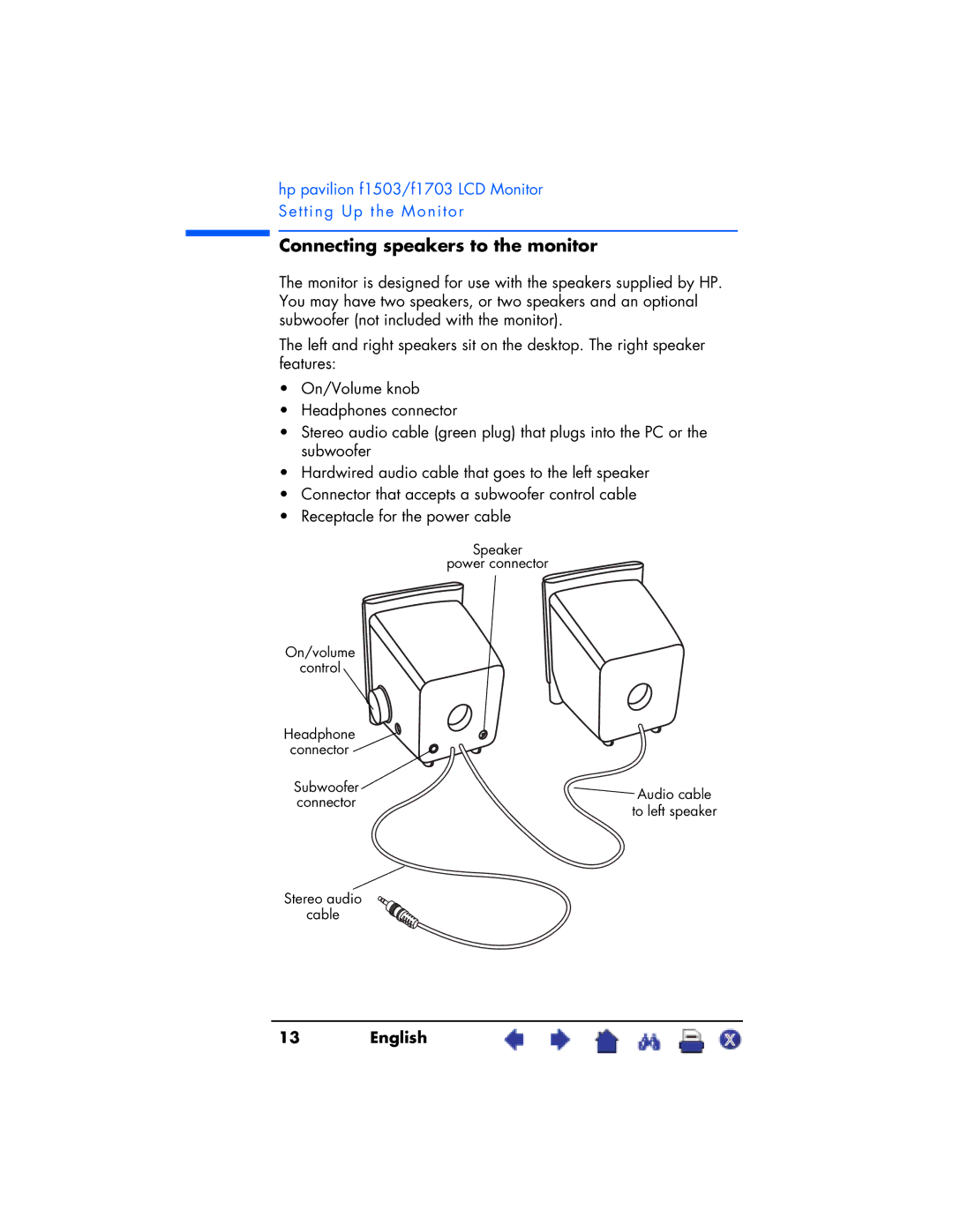 HP F1703 manual Connecting speakers to the monitor 