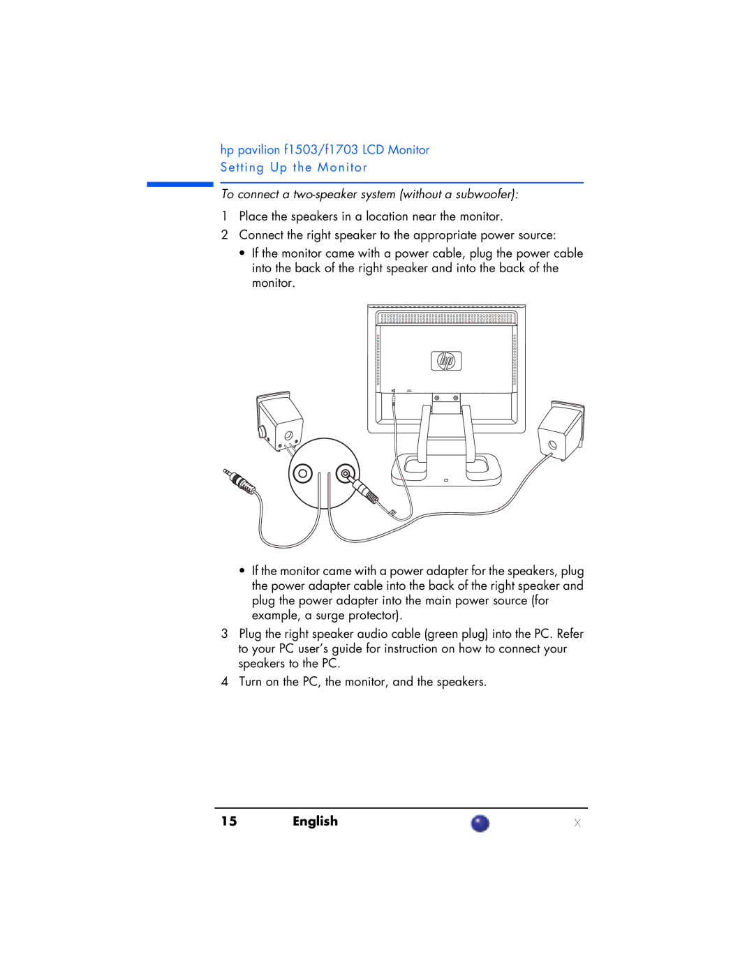 HP F1703 manual To connect a two-speaker system without a subwoofer 