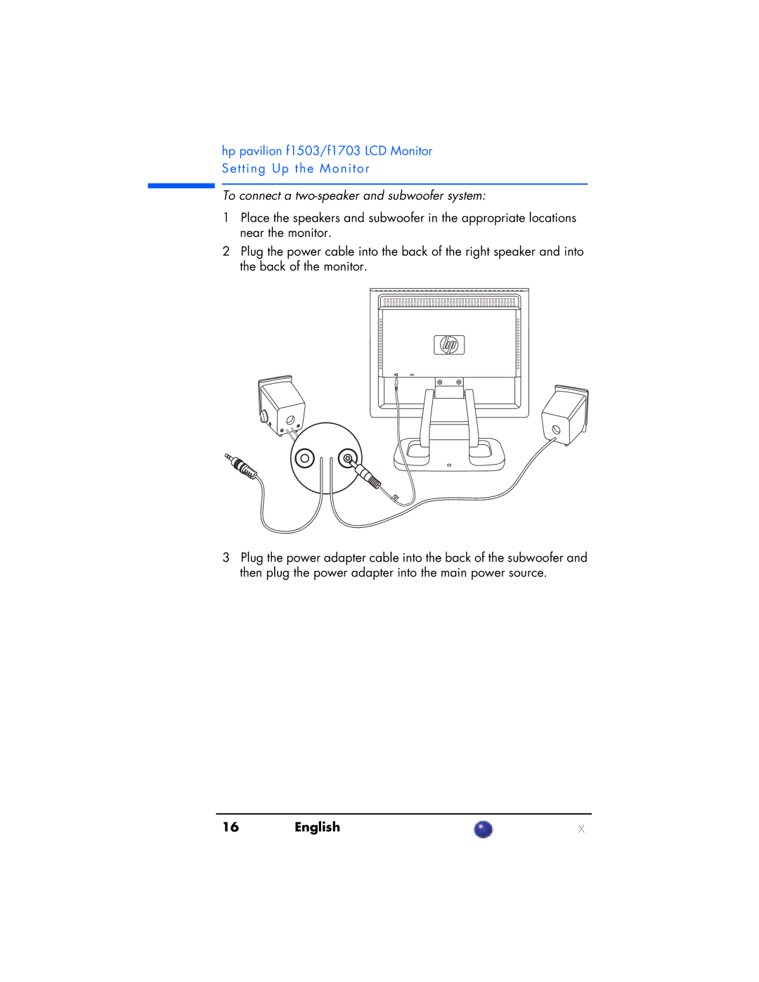 HP F1703 manual To connect a two-speaker and subwoofer system 