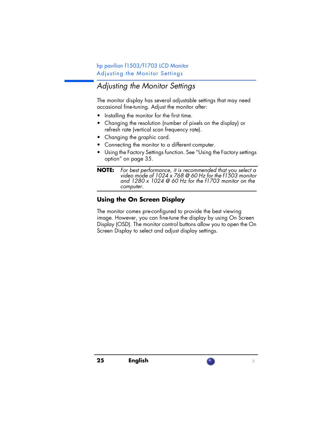 HP F1703 manual Adjusting the Monitor Settings, Using the On Screen Display 