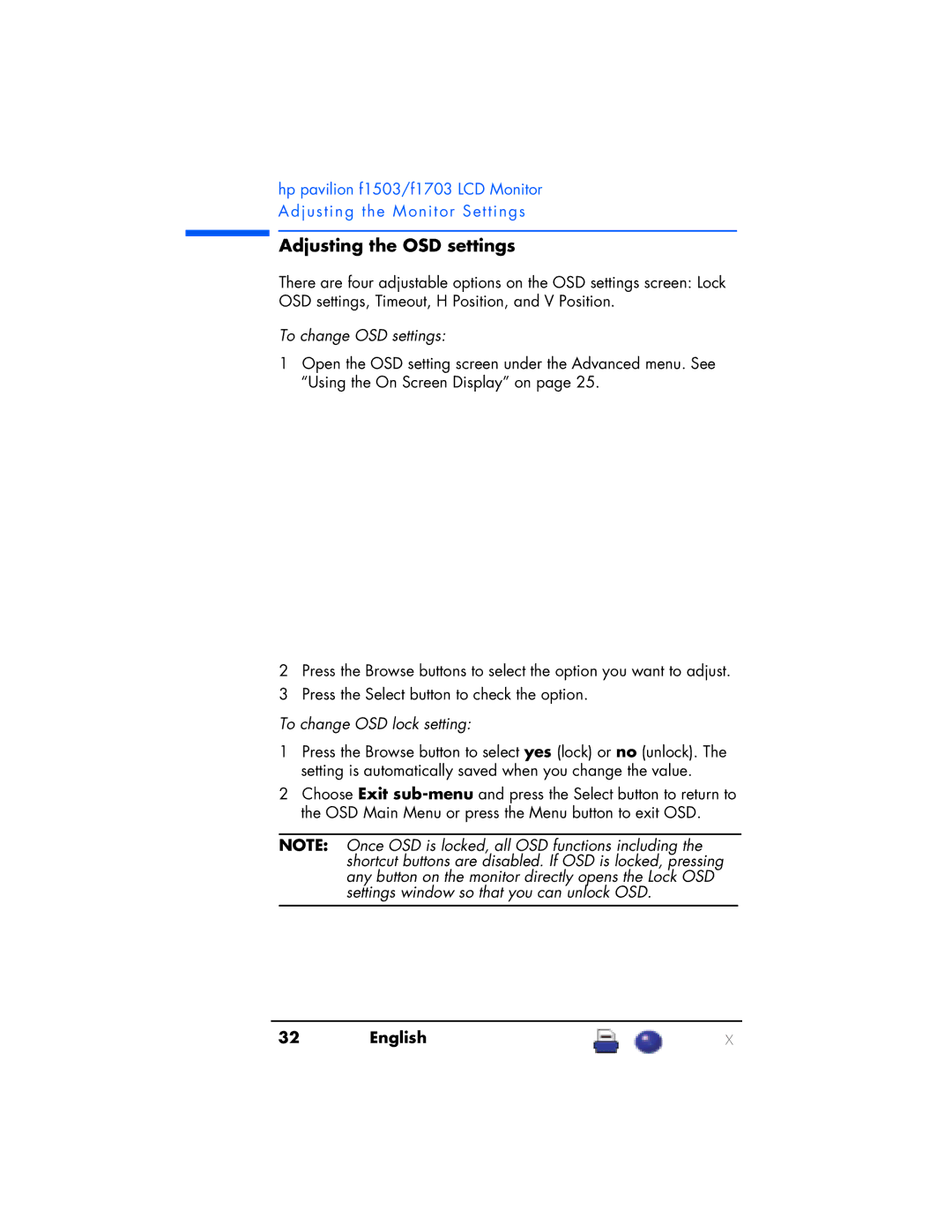 HP F1703 manual Adjusting the OSD settings, To change OSD settings, To change OSD lock setting 