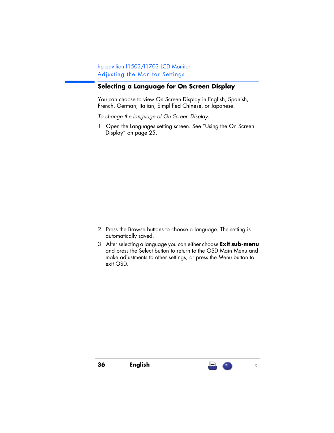 HP F1703 manual Selecting a Language for On Screen Display, To change the language of On Screen Display 
