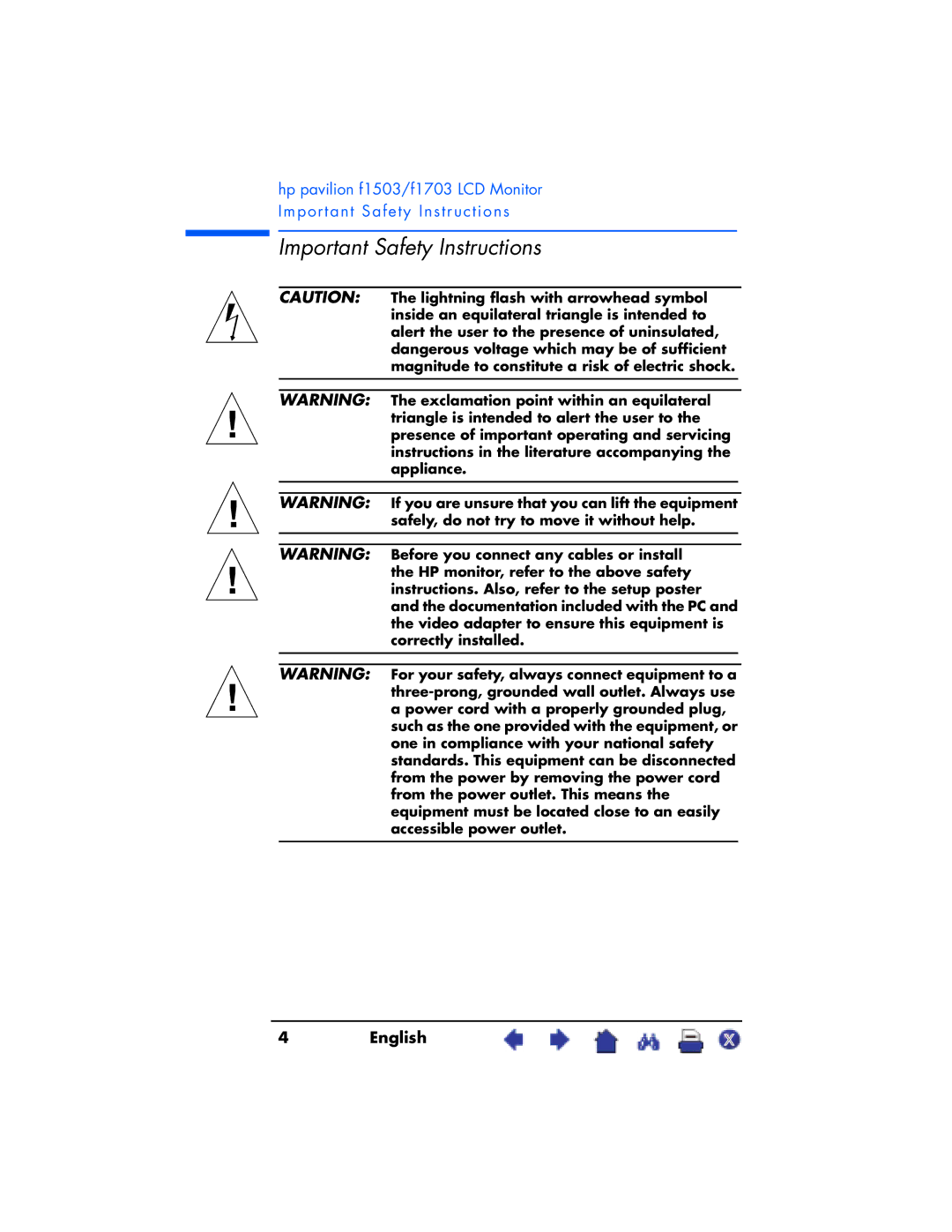 HP F1703 manual Important Safety Instructions 