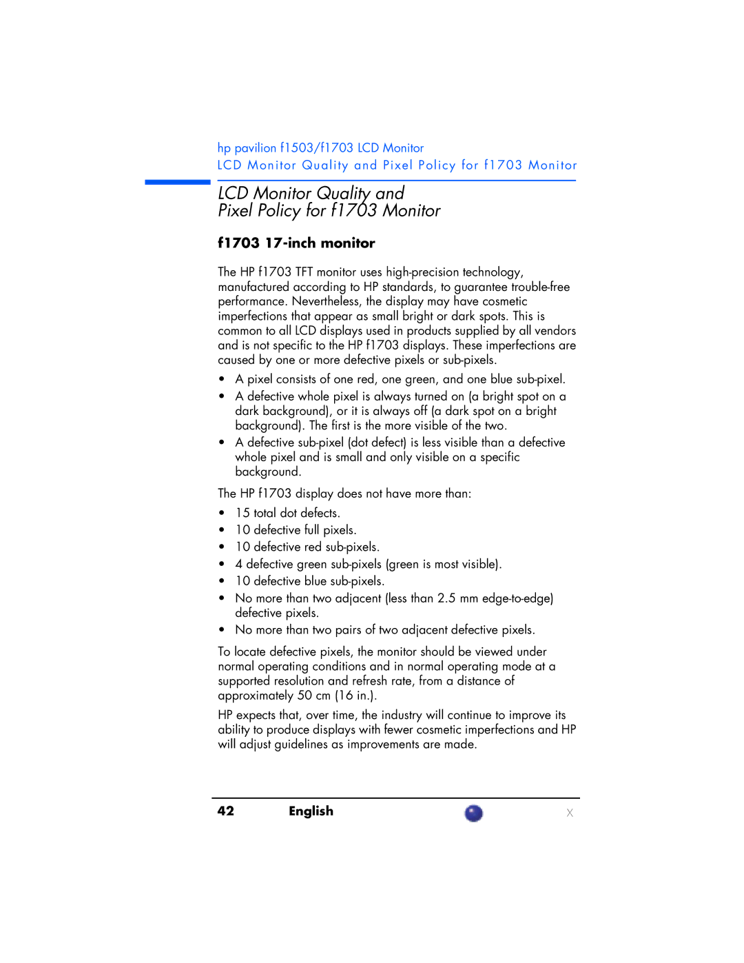 HP manual LCD Monitor Quality Pixel Policy for f1703 Monitor, F1703 17-inch monitor 