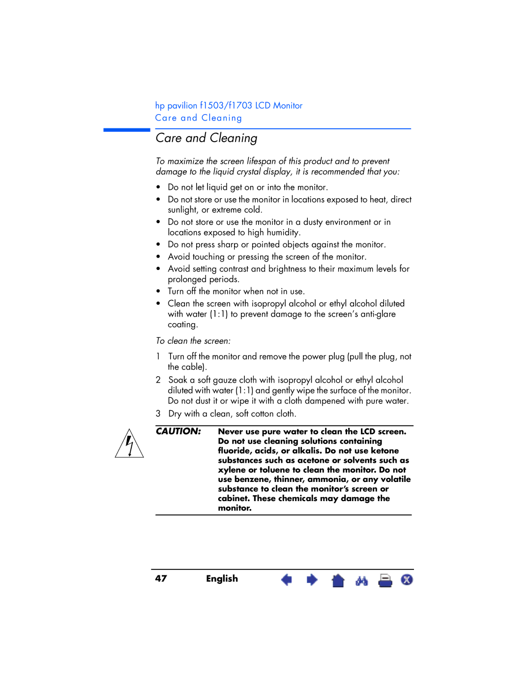 HP F1703 manual Care and Cleaning, To clean the screen 