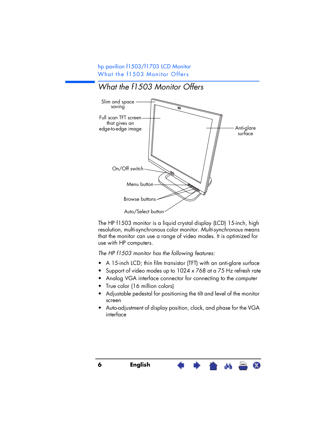 HP F1703 manual What the f1503 Monitor Offers, HP f1503 monitor has the following features 