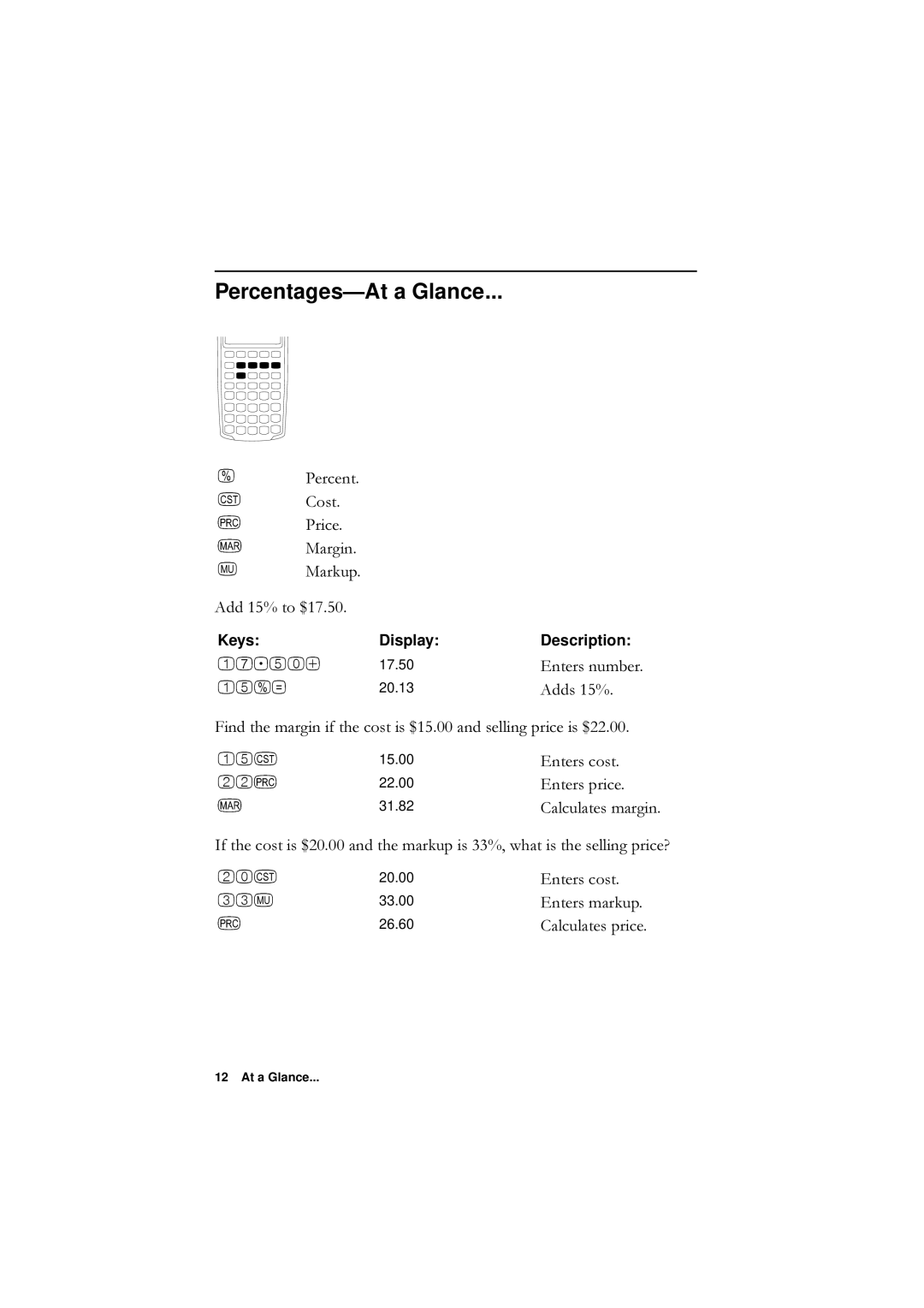 HP F1902-90001 manual Percentages-At a Glance, 7D 3HUFHQW, RVW 3ULFH, $GgWr, $Ggv 