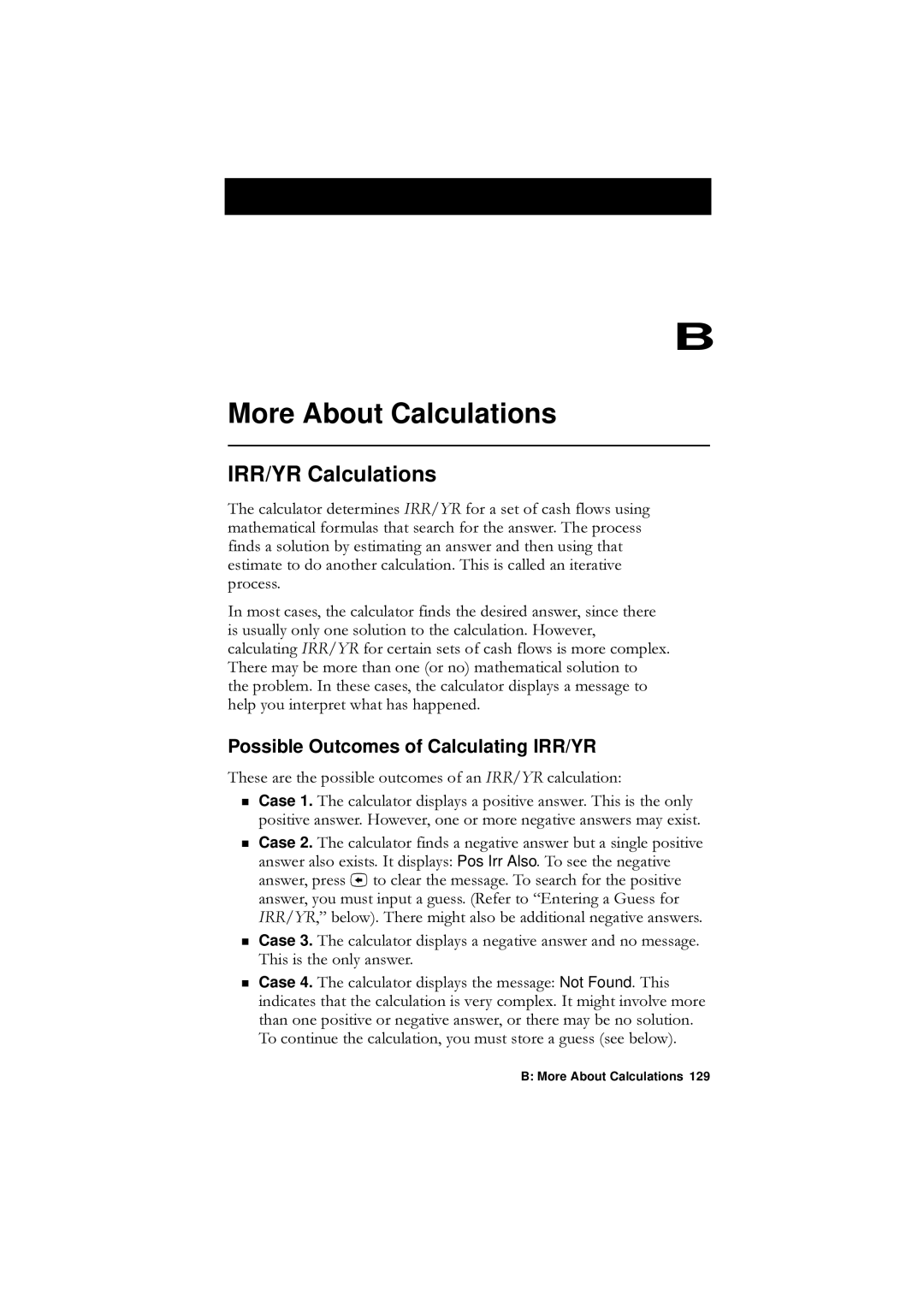 HP F1902-90001 manual More About Calculations, IRR/YR Calculations, Possible Outcomes of Calculating IRR/YR 