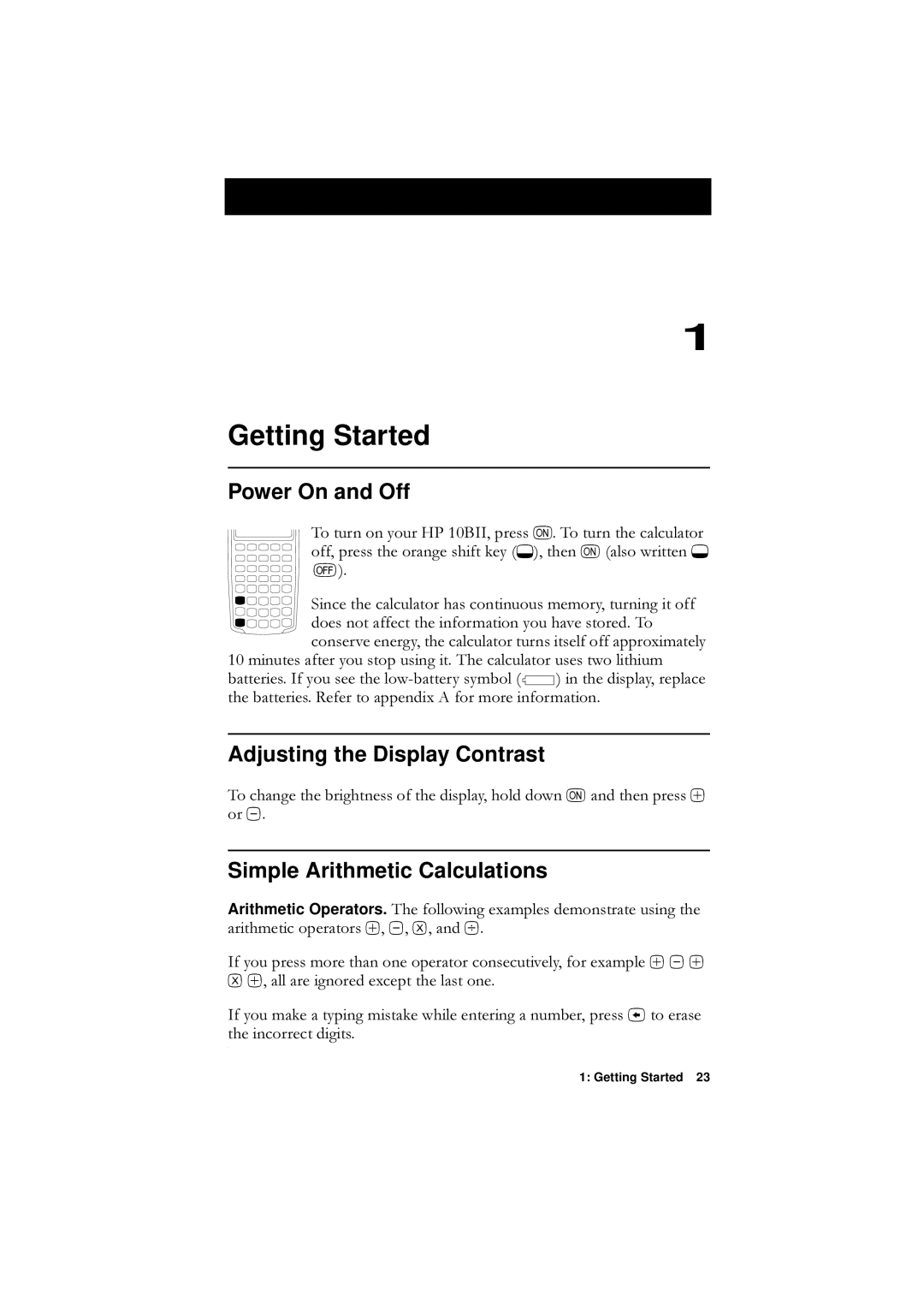 HP F1902-90001 manual Getting Started, Power On and Off, Adjusting the Display Contrast, Simple Arithmetic Calculations 