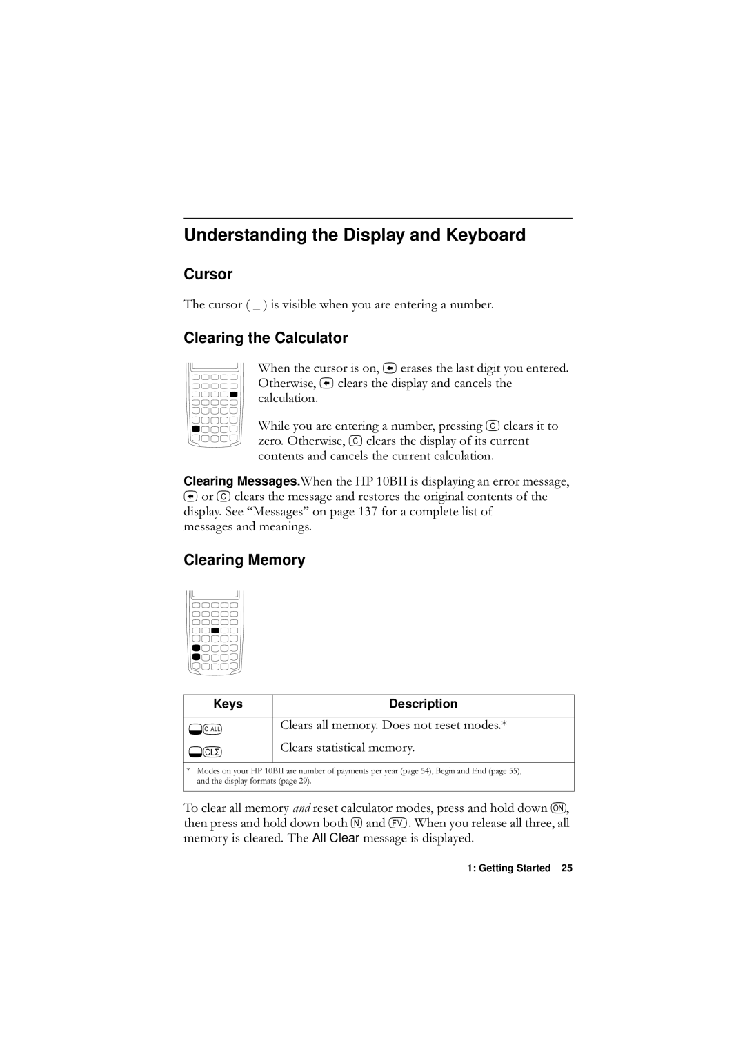 HP F1902-90001 manual Understanding the Display and Keyboard, Cursor, Clearing the Calculator, Clearing Memory 