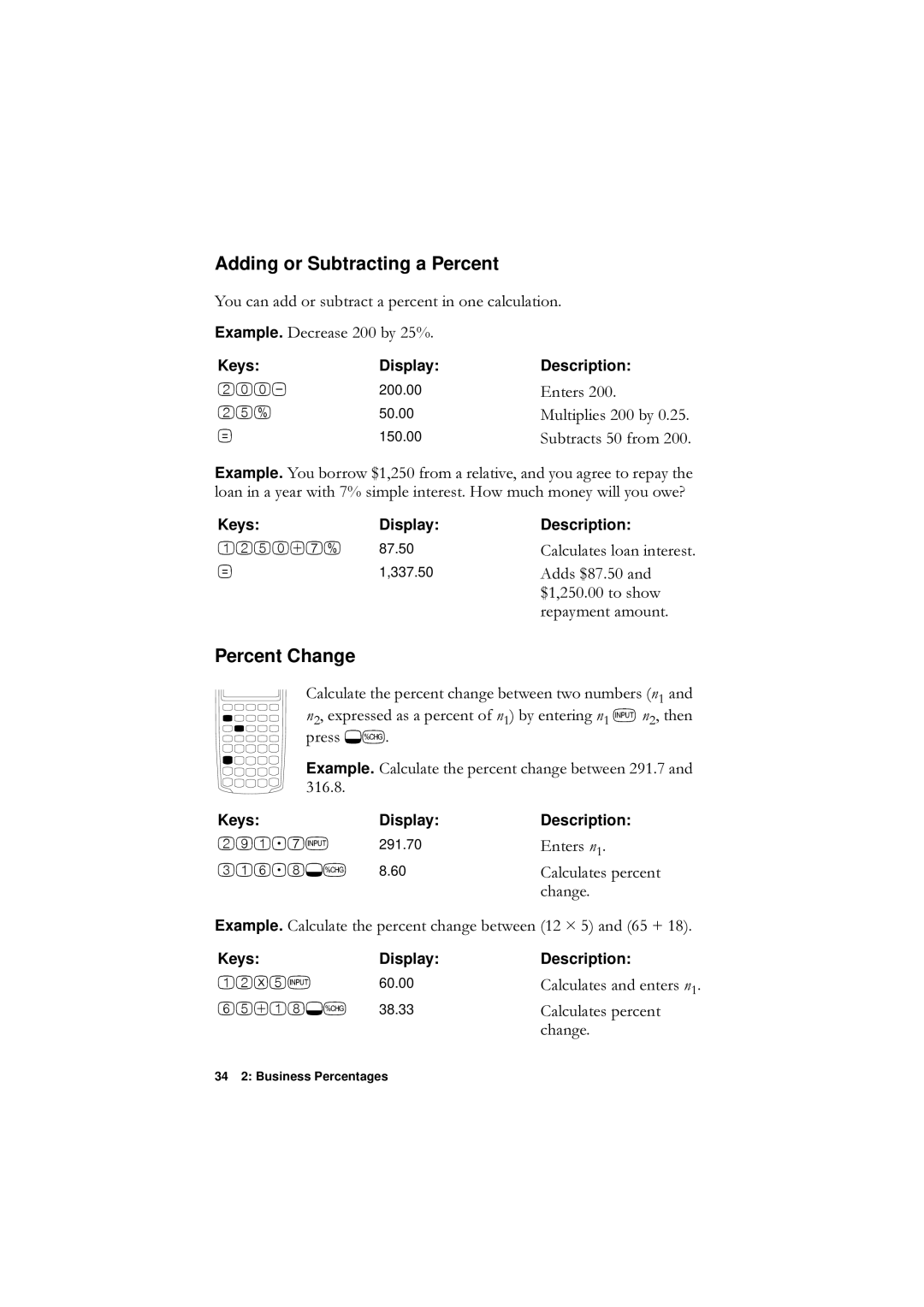 HP F1902-90001 manual Adding or Subtracting a Percent, Percent Change 