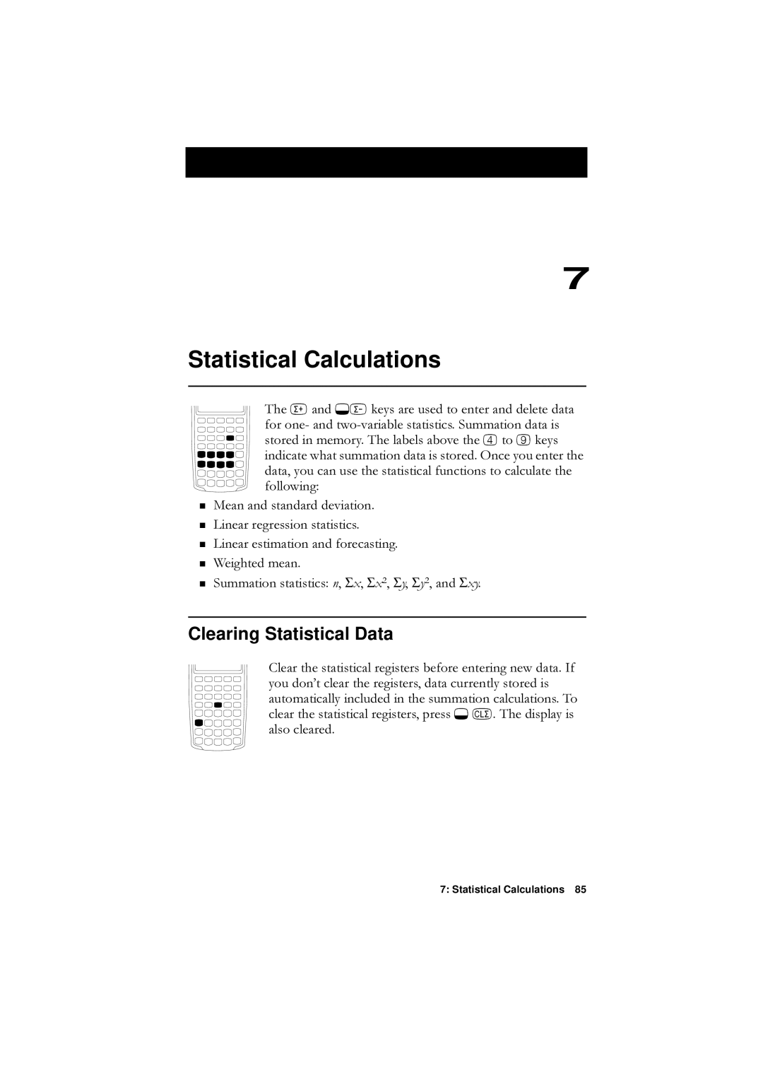 HP F1902-90001 manual Statistical Calculations, Clearing Statistical Data, HljkwhgPhdq 