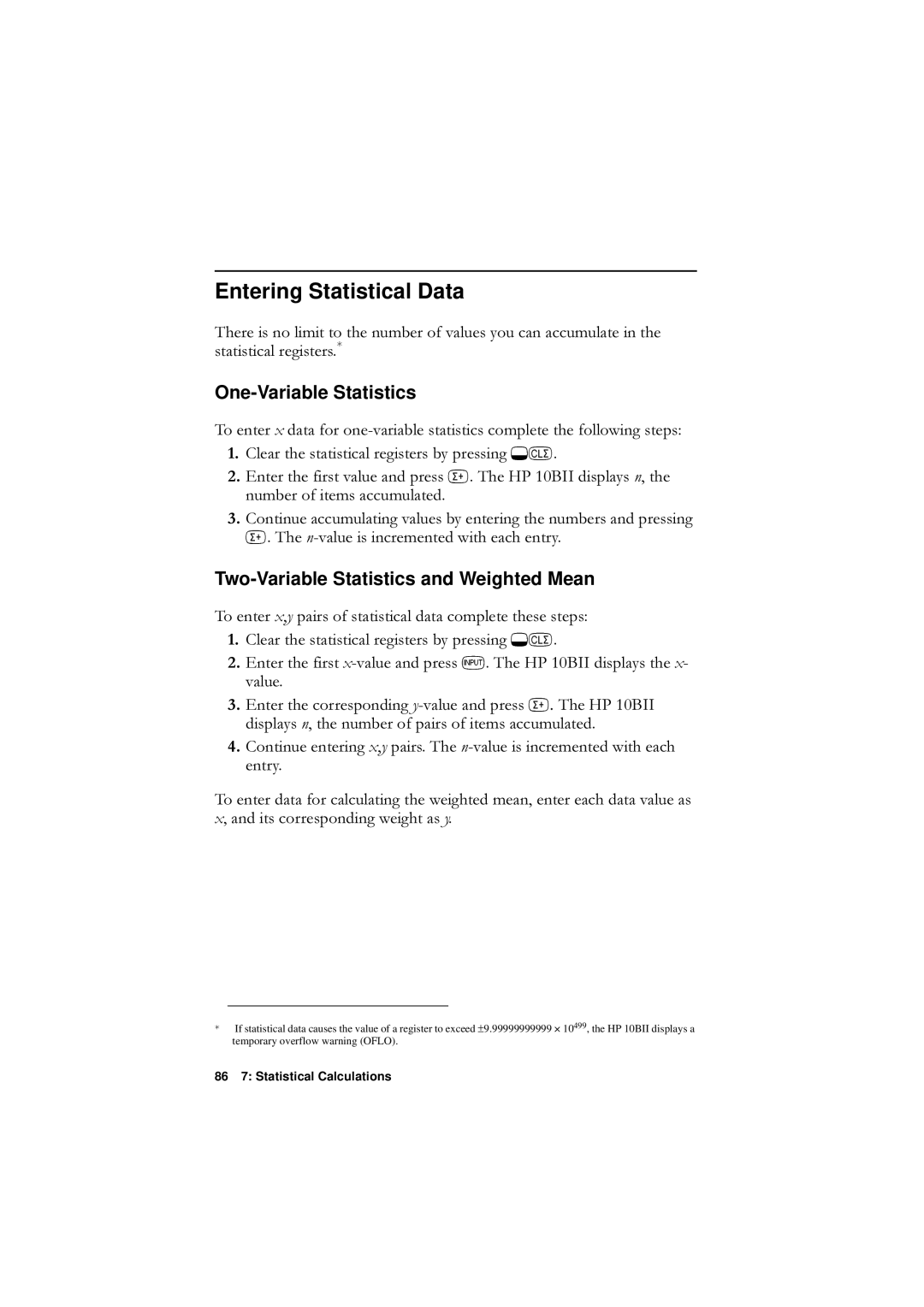 HP F1902-90001 manual Entering Statistical Data, One-Variable Statistics, Two-Variable Statistics and Weighted Mean 