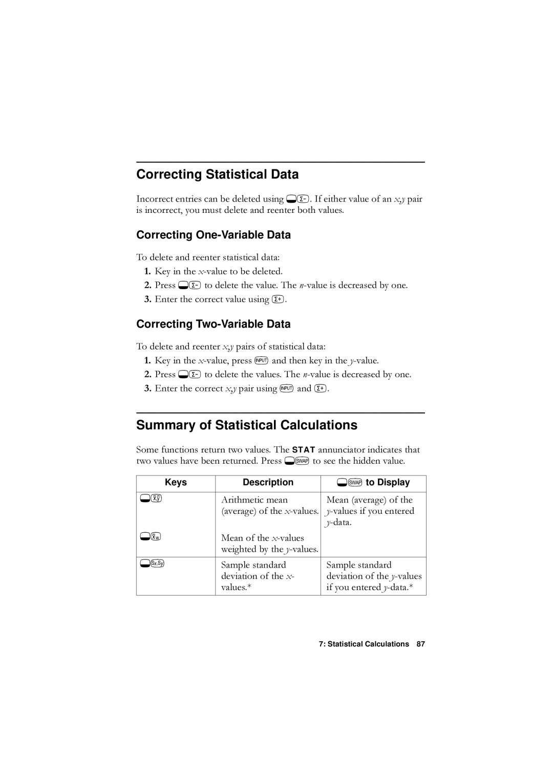 HP F1902-90001 manual Correcting Statistical Data, Summary of Statistical Calculations, Correcting One-Variable Data 