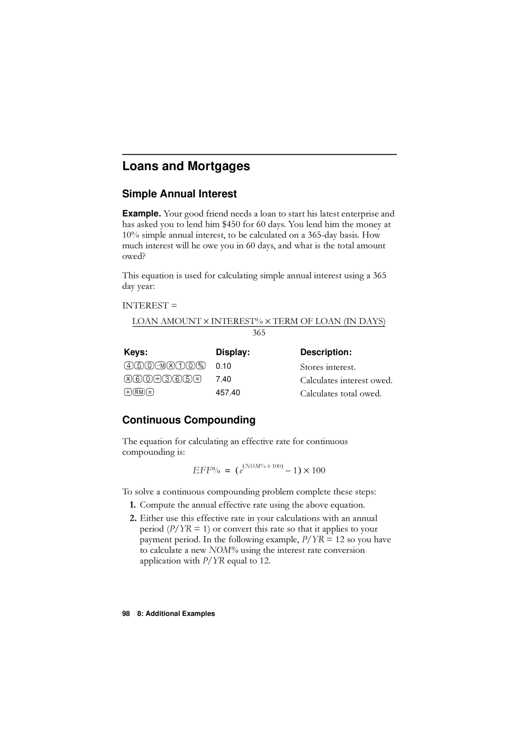 HP F1902-90001 manual Loans and Mortgages, Simple Annual Interest, Continuous Compounding, 17567, 98 8 Additional Examples 