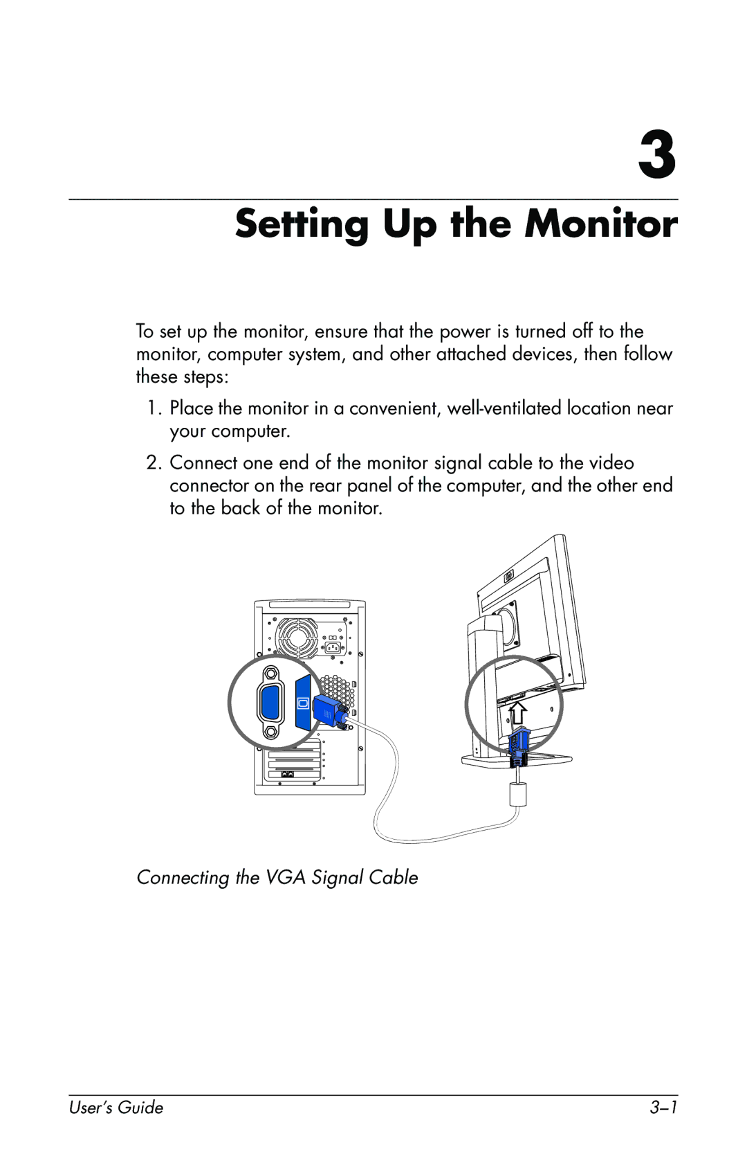 HP f1903 19 inch manual Setting Up the Monitor, Connecting the VGA Signal Cable 