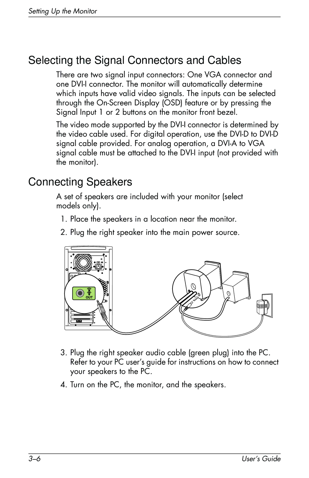 HP f1903 19 inch manual Selecting the Signal Connectors and Cables, Connecting Speakers 