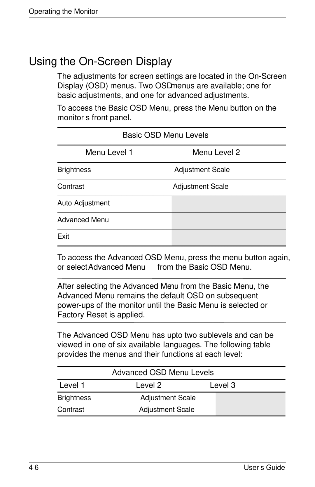 HP f1903 19 inch manual Using the On-Screen Display, Basic OSD Menu Levels, Advanced OSD Menu Levels 