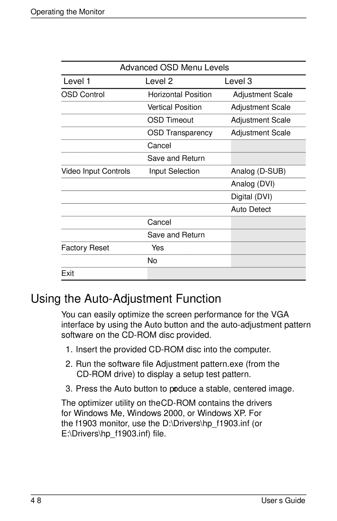 HP f1903 19 inch manual Using the Auto-Adjustment Function 