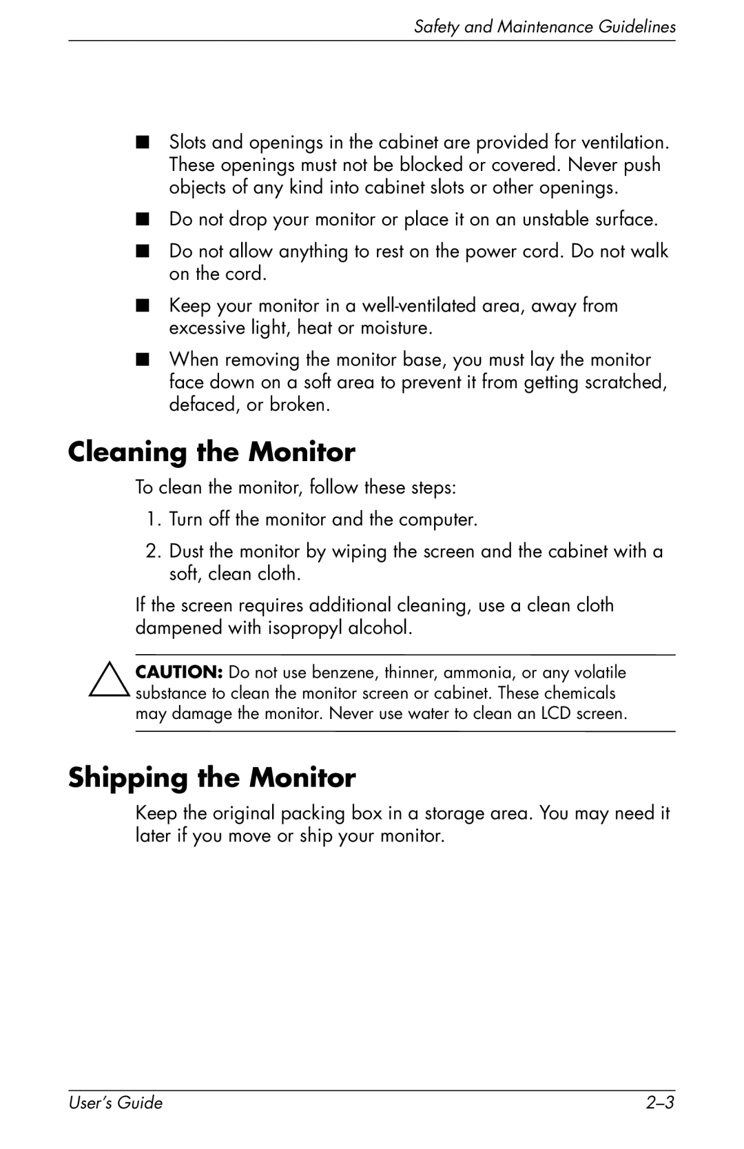 HP f1903 19 inch manual Cleaning the Monitor, Shipping the Monitor 