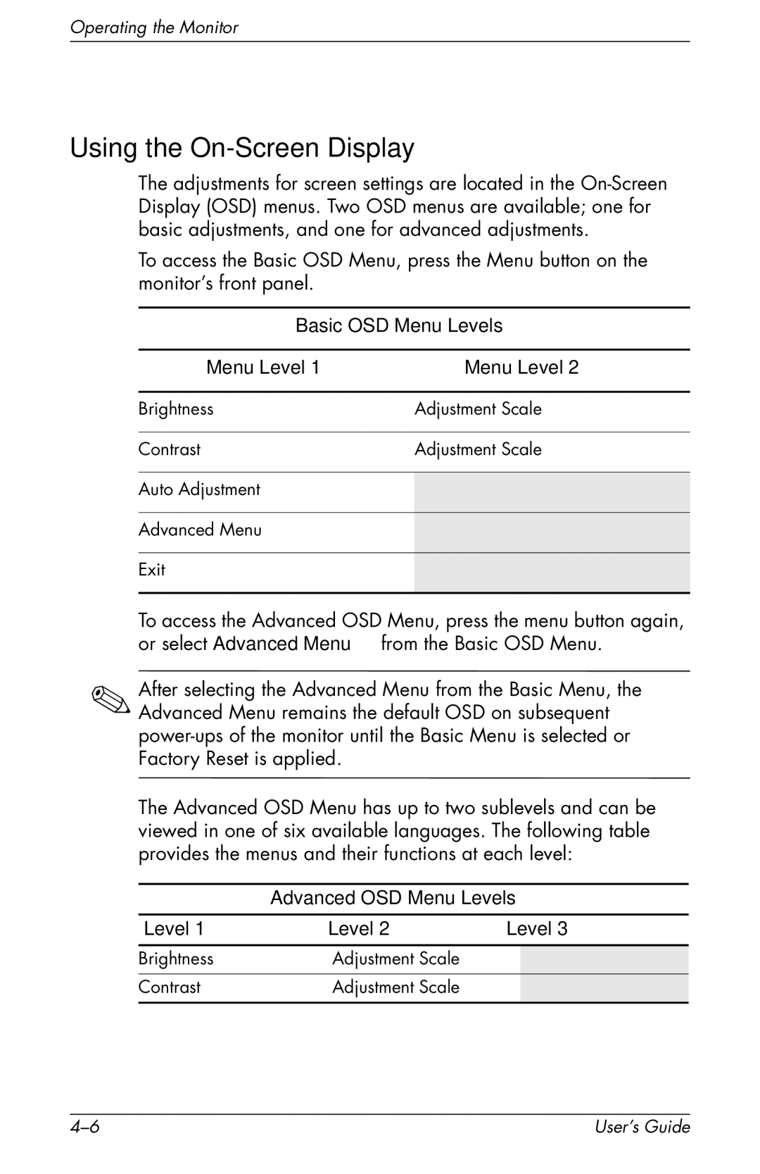 HP f1904 manual Using the On-Screen Display, Basic OSD Menu Levels, Advanced OSD Menu Levels 