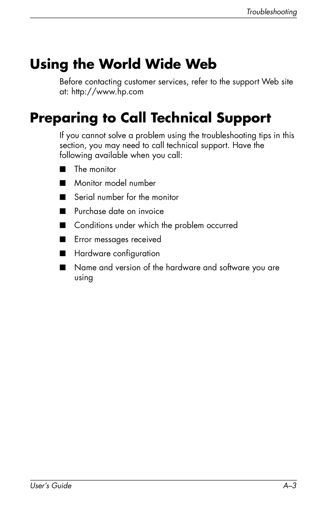 HP f1904 manual Using the World Wide Web Preparing to Call Technical Support 