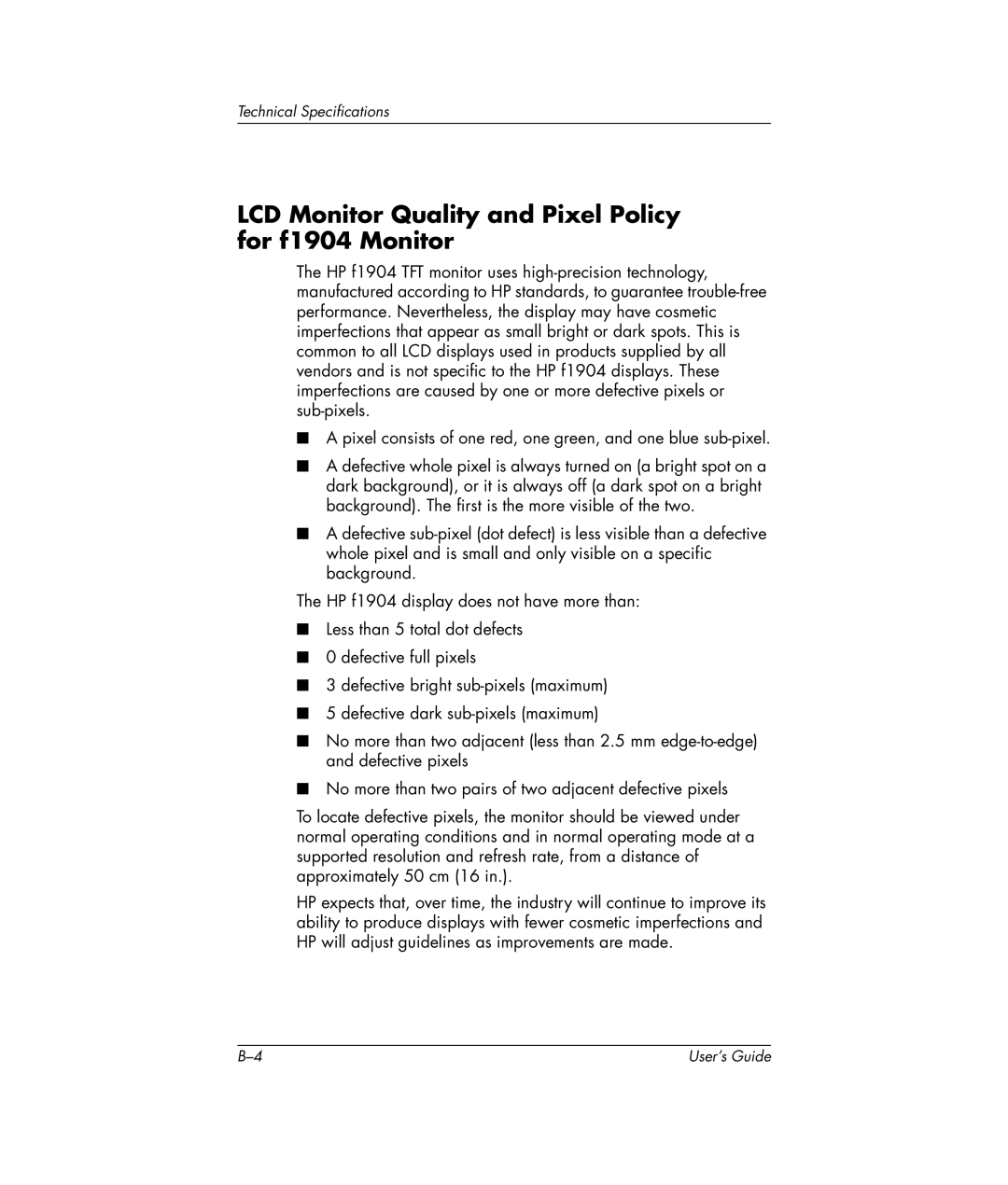 HP manual LCD Monitor Quality and Pixel Policy for f1904 Monitor 