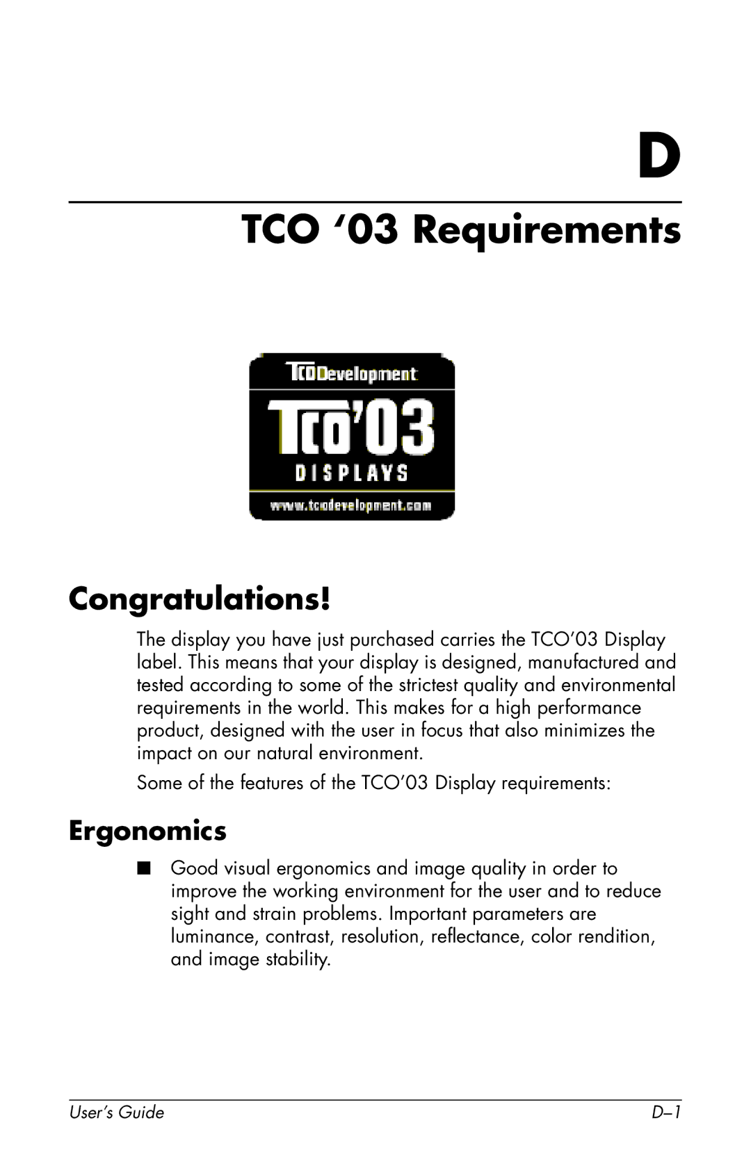 HP f1904 manual TCO ‘03 Requirements, Congratulations, Ergonomics 