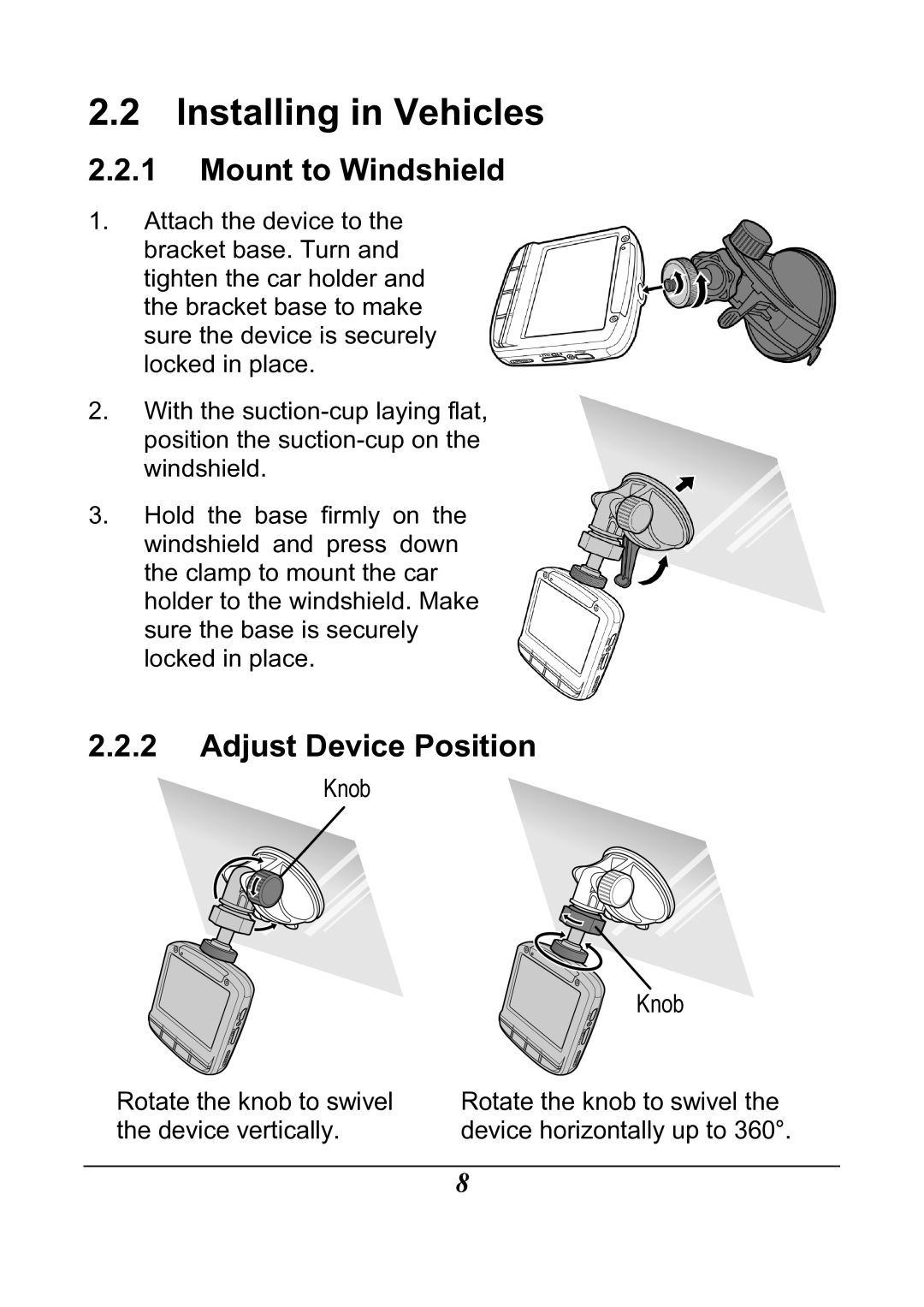 HP f200 Car manual Installing in Vehicles, Mount to Windshield, Adjust Device Position 