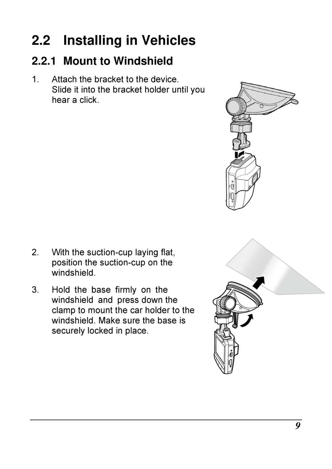 HP f210 Car manual Installing in Vehicles, Mount to Windshield 