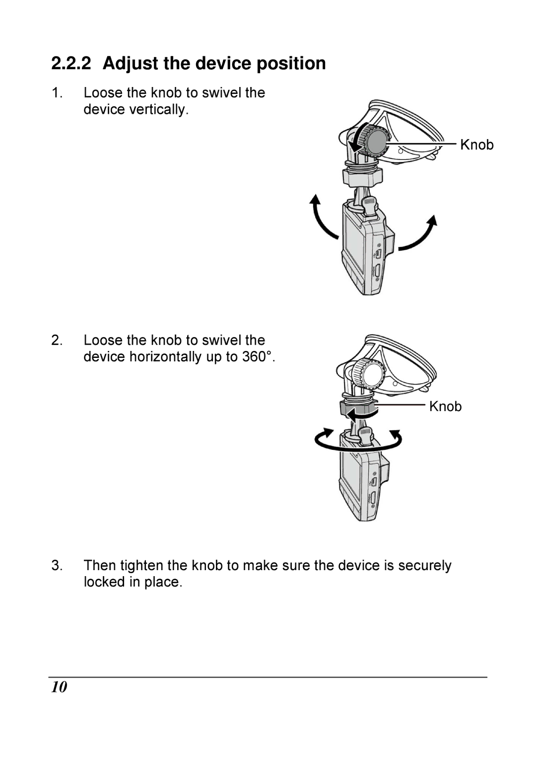 HP f210 Car manual Adjust the device position, Knob 