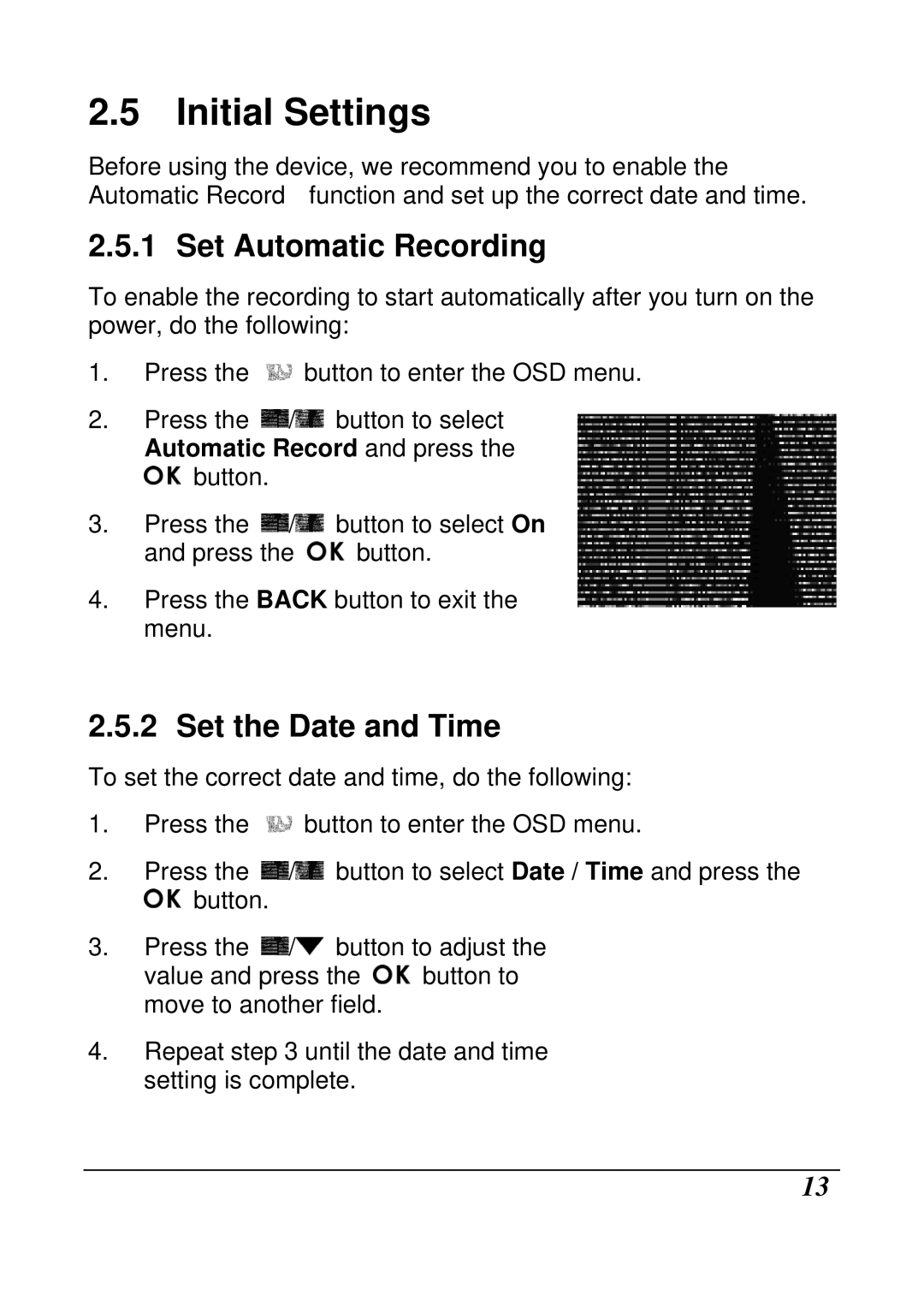 HP f210 Car manual Initial Settings, Set Automatic Recording, Set the Date and Time 