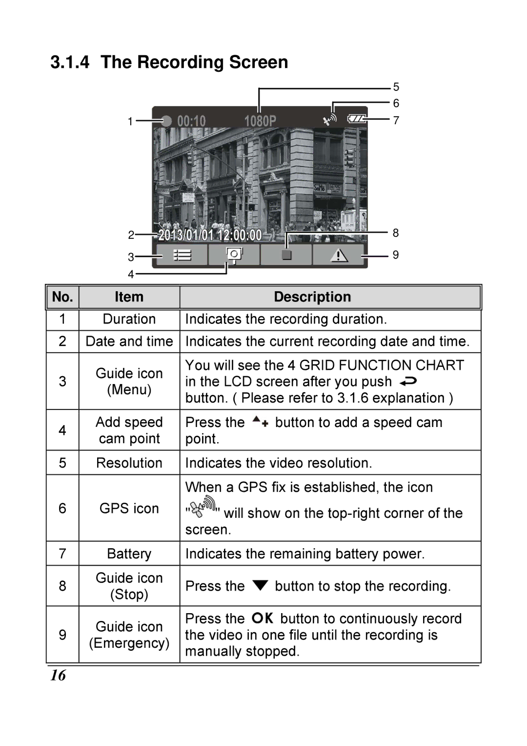 HP f210 Car manual Recording Screen, Description 