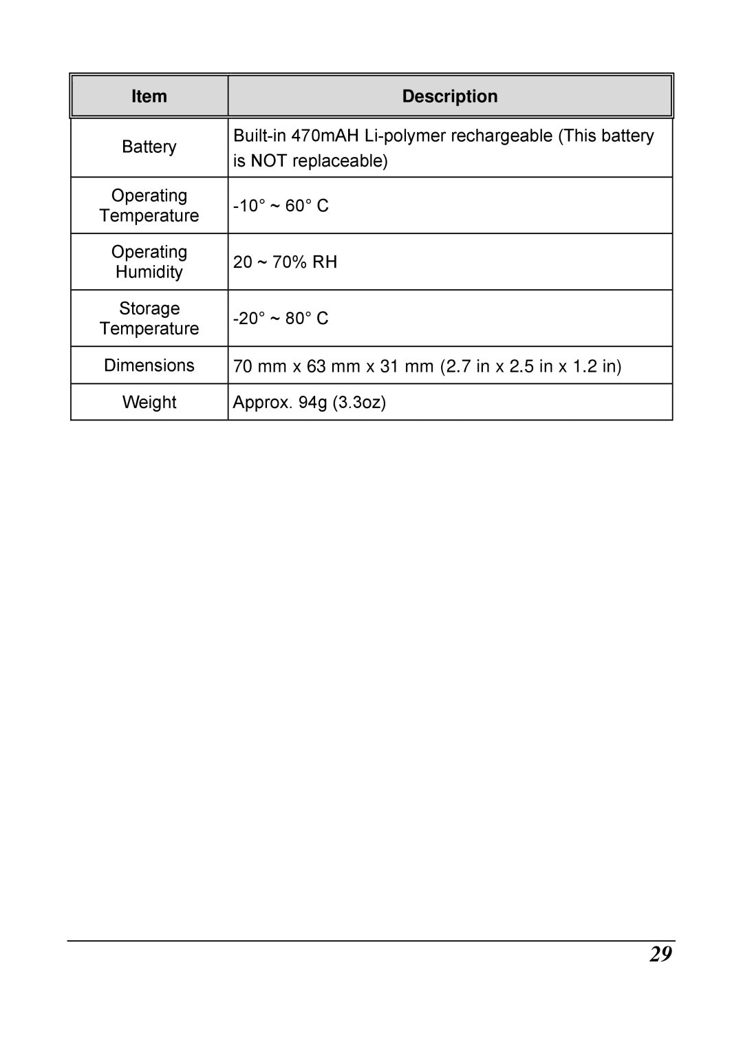 HP f210 Car manual Mm x 63 mm x 31 mm 2.7 in x 2.5 in x 1.2 