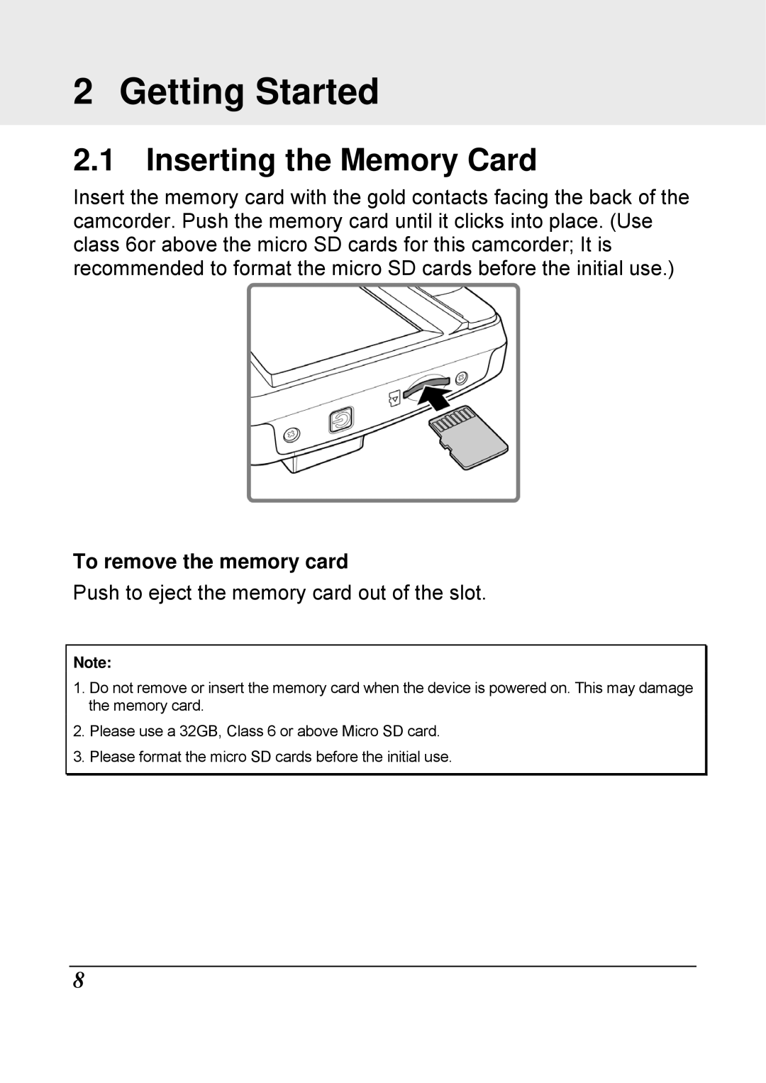 HP f210 Car manual Getting Started, Inserting the Memory Card 