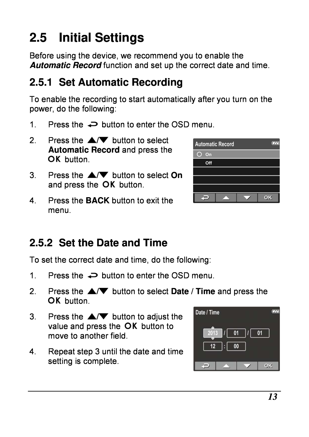 HP f210 Car manual Initial Settings, Set Automatic Recording, Set the Date and Time 