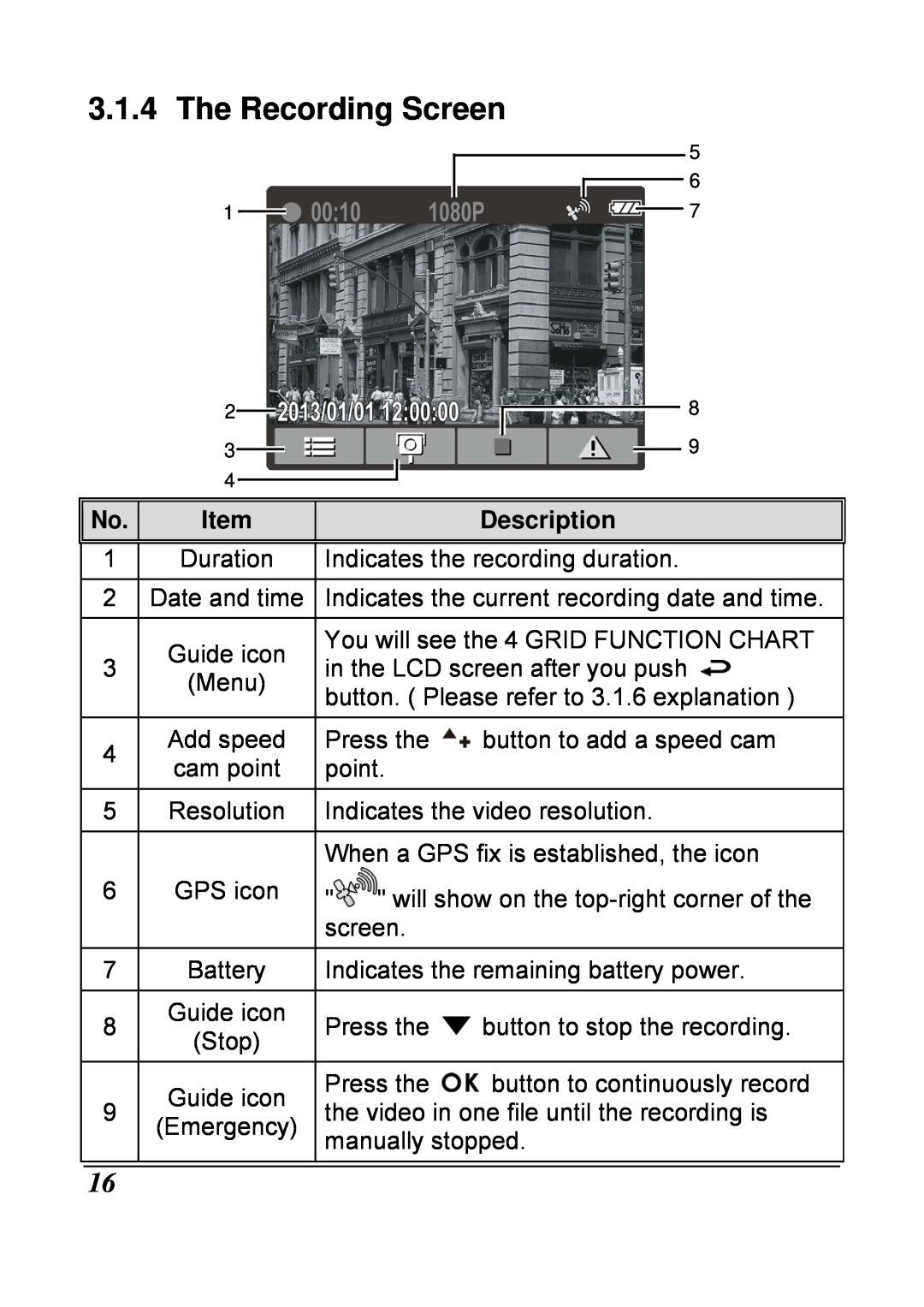 HP f210 Car manual The Recording Screen, Description 