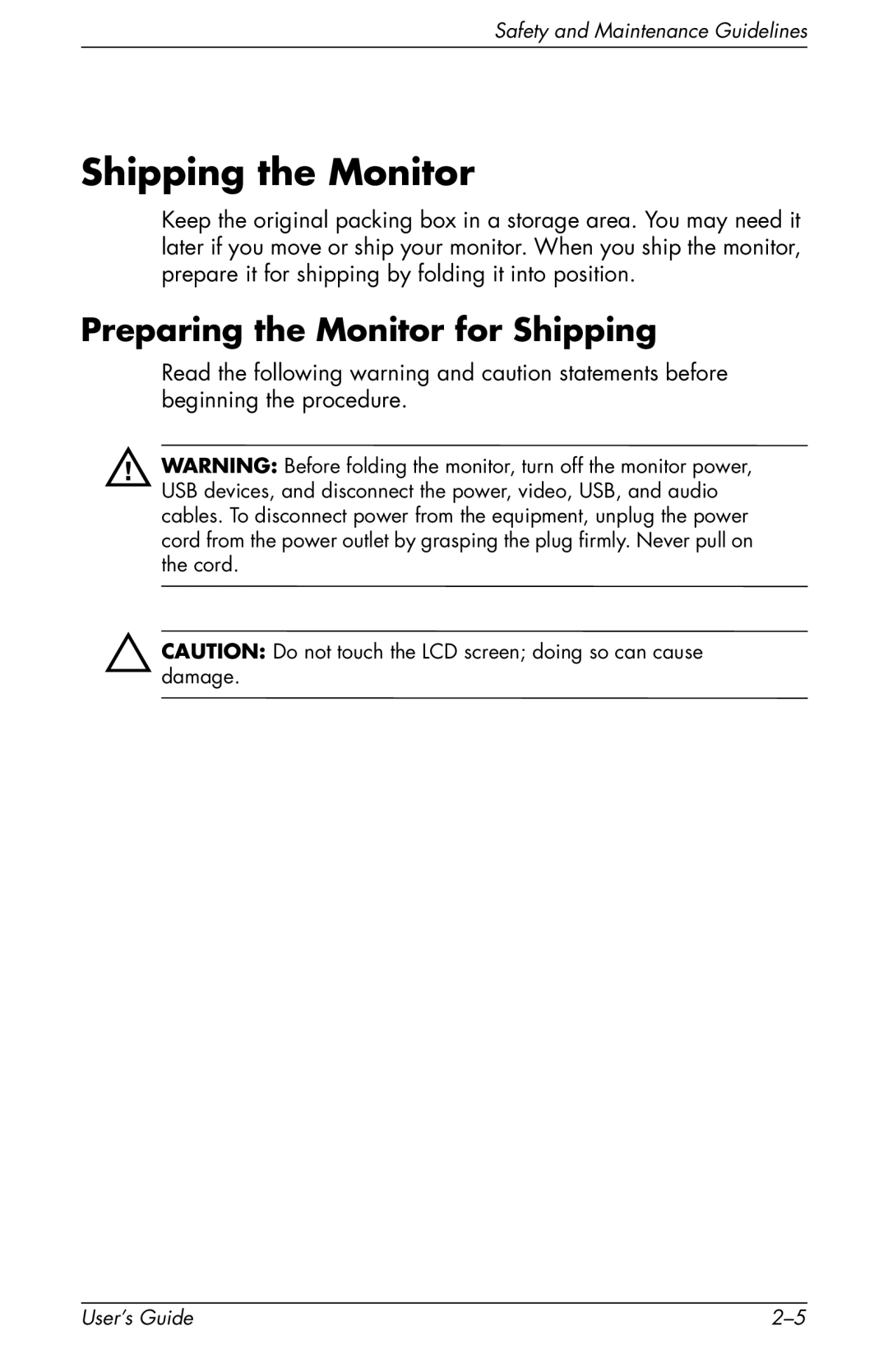 HP F2105 manual Shipping the Monitor, Preparing the Monitor for Shipping 