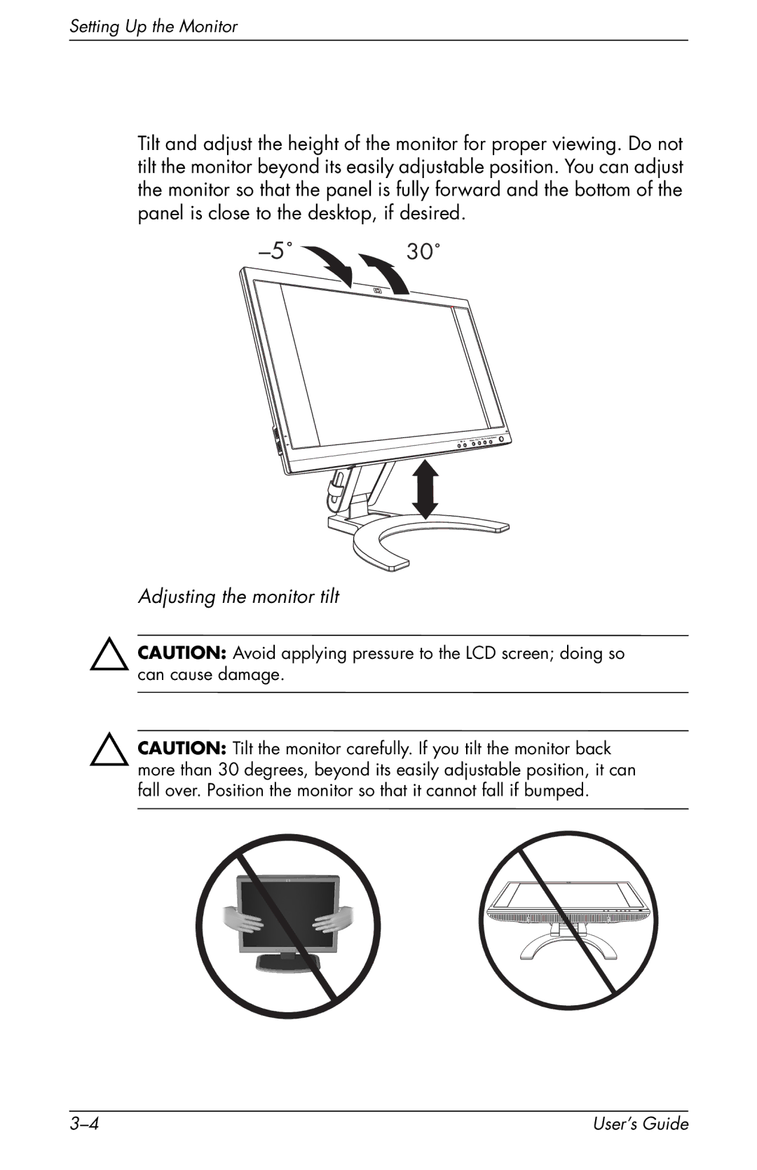 HP F2105 manual 30˚, Adjusting the monitor tilt 