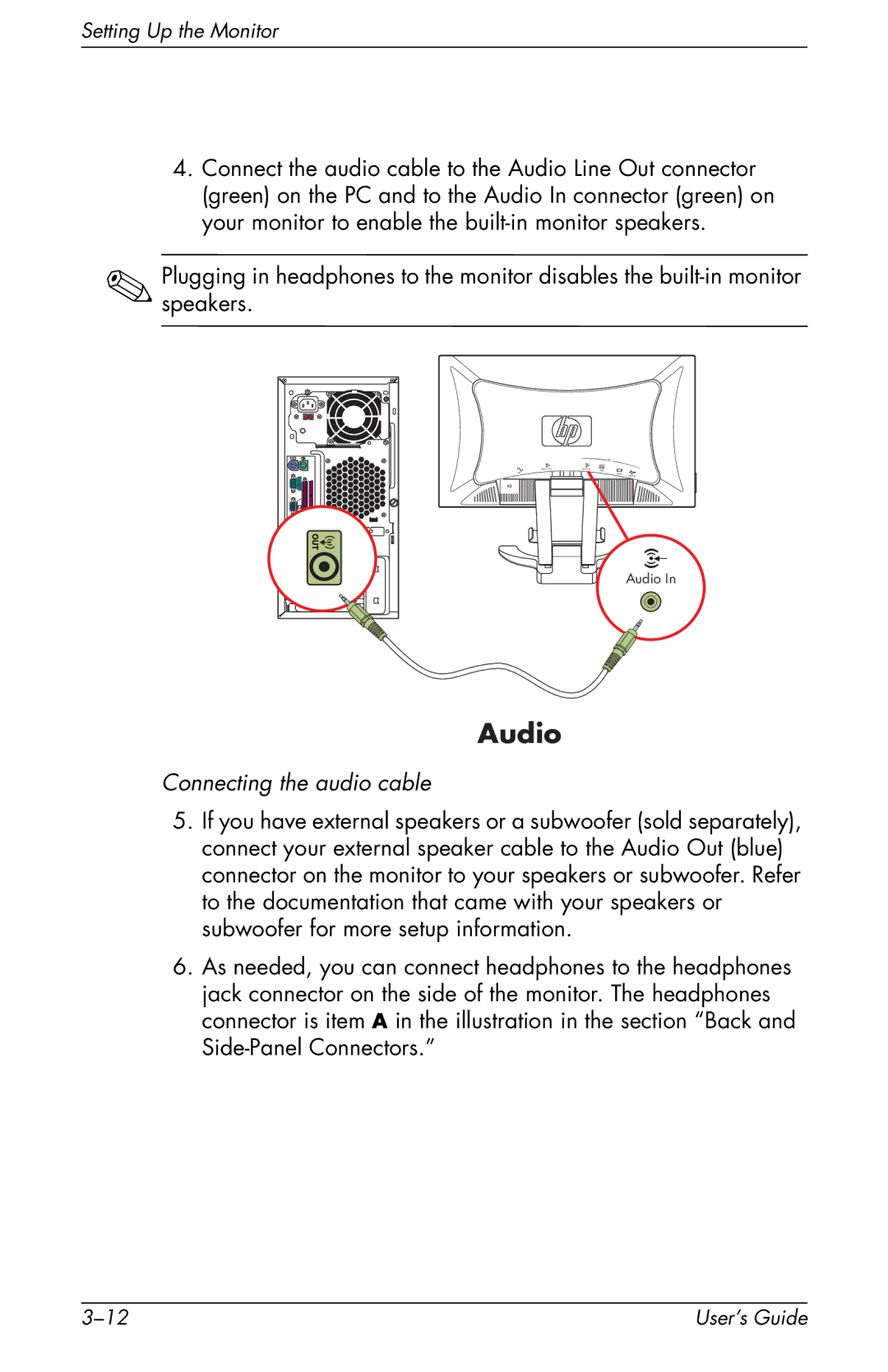 HP F2105 manual Audio, Connecting the audio cable 