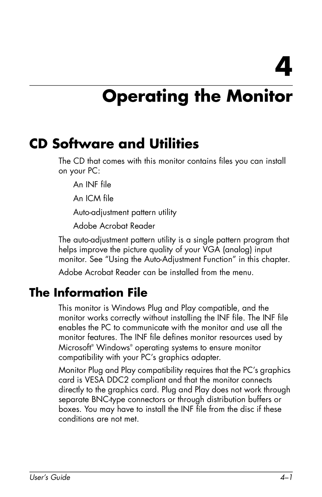 HP F2105 manual Operating the Monitor, CD Software and Utilities, Information File 