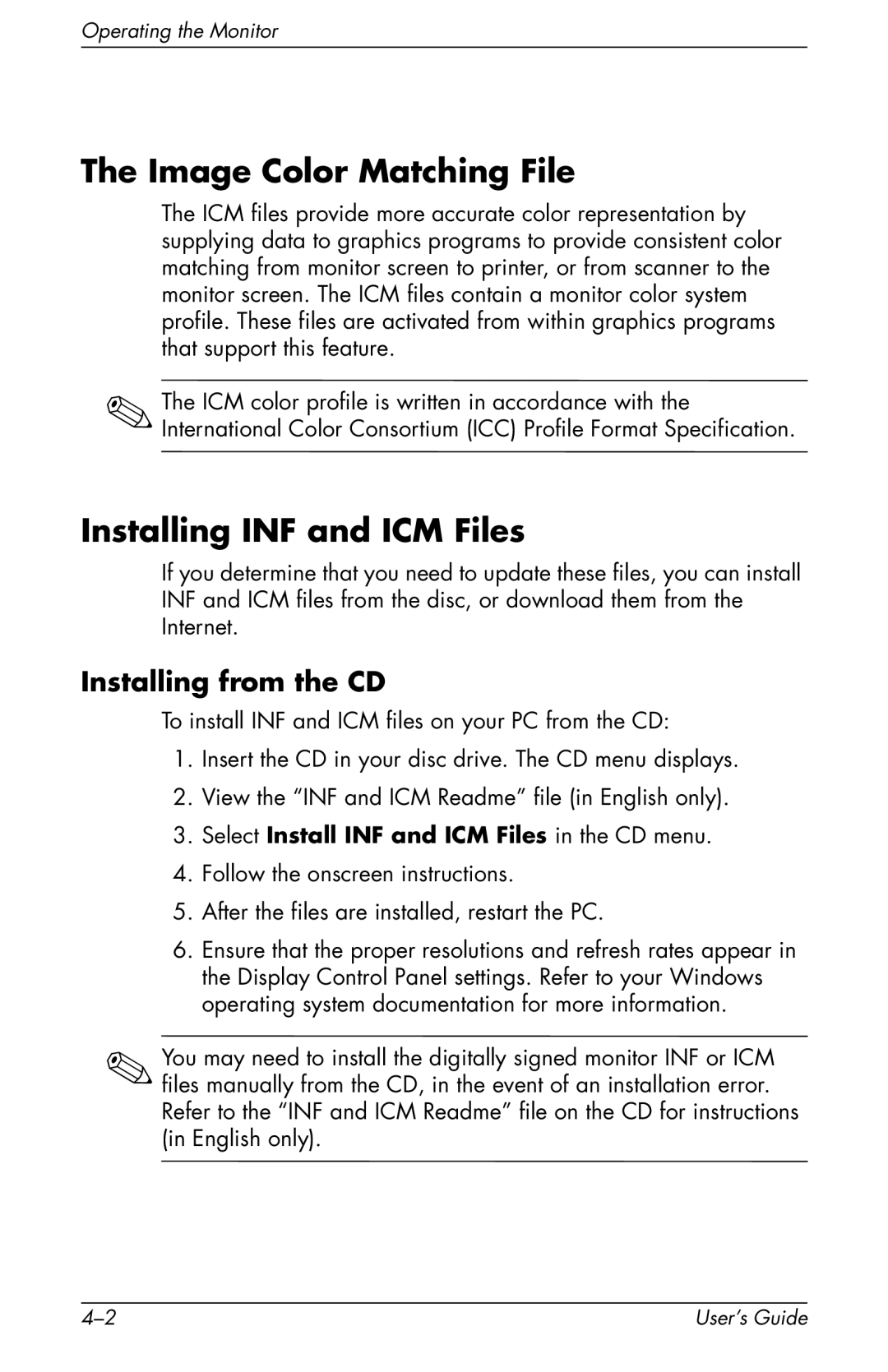 HP F2105 manual Image Color Matching File, Installing INF and ICM Files, Installing from the CD 