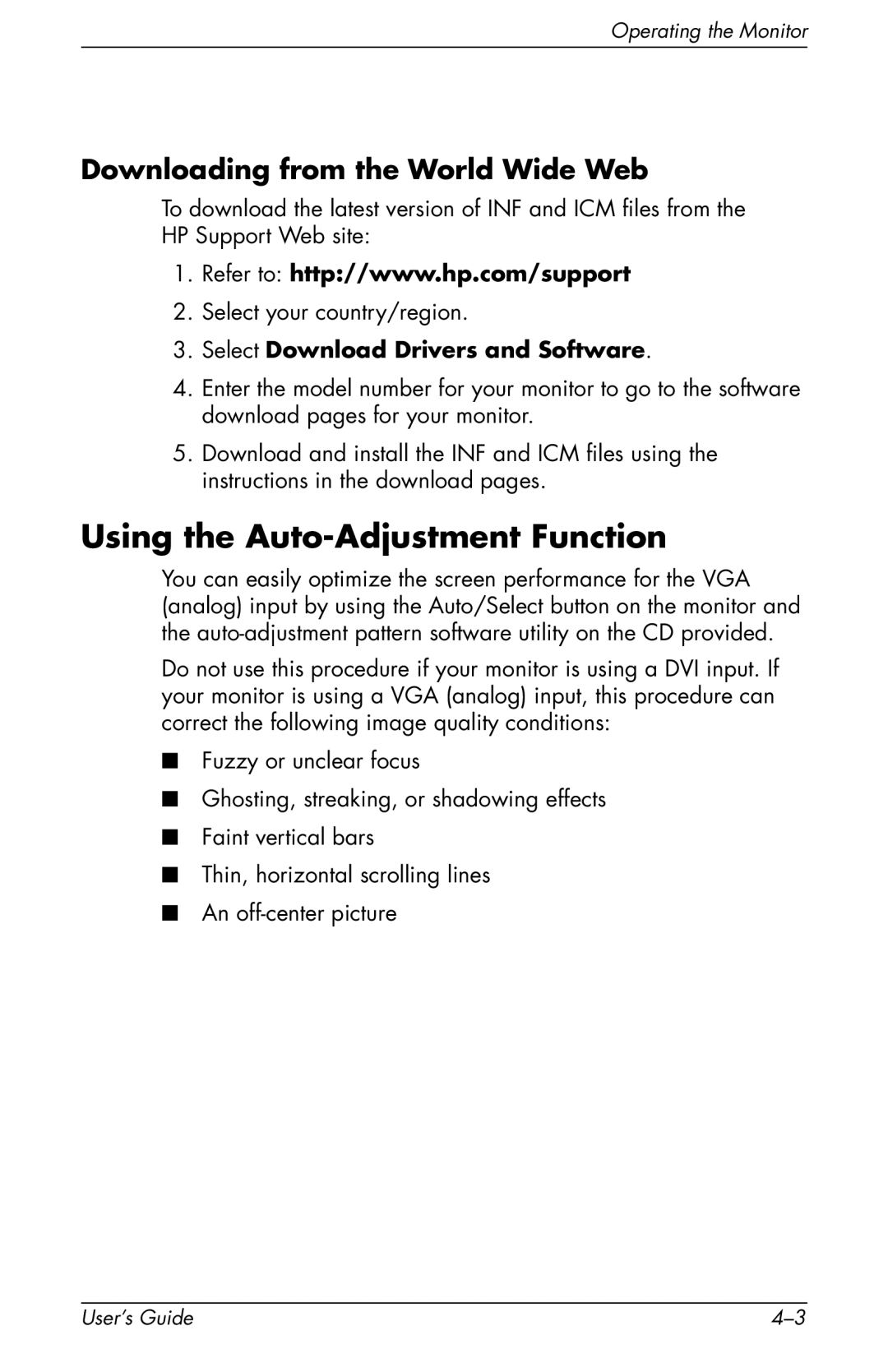 HP F2105 Using the Auto-Adjustment Function, Downloading from the World Wide Web, Select Download Drivers and Software 