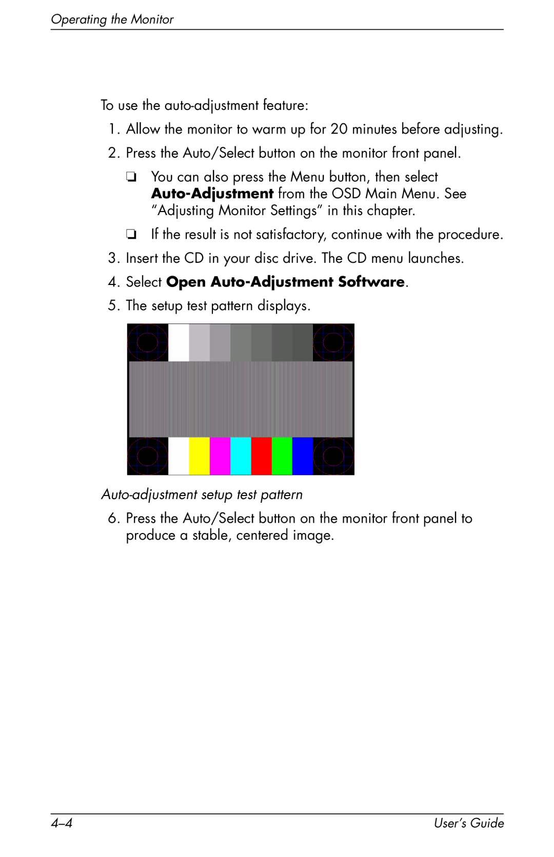 HP F2105 manual Select Open Auto-Adjustment Software, Auto-adjustment setup test pattern 