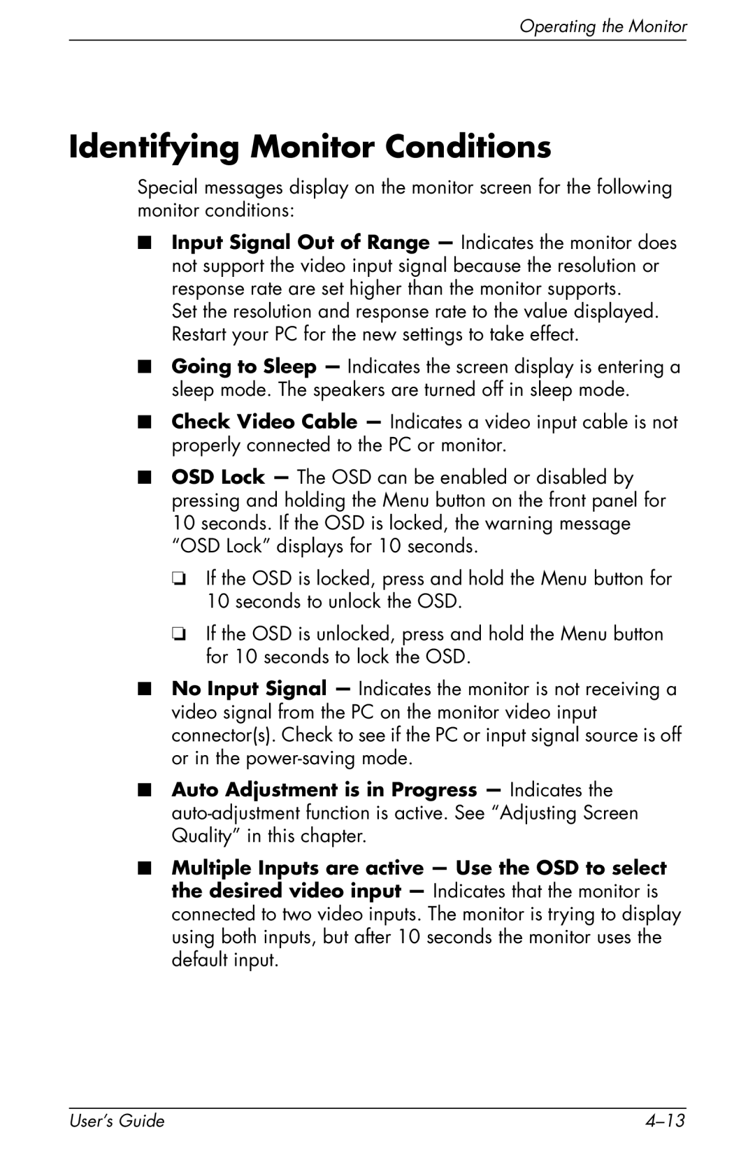 HP F2105 manual Identifying Monitor Conditions 