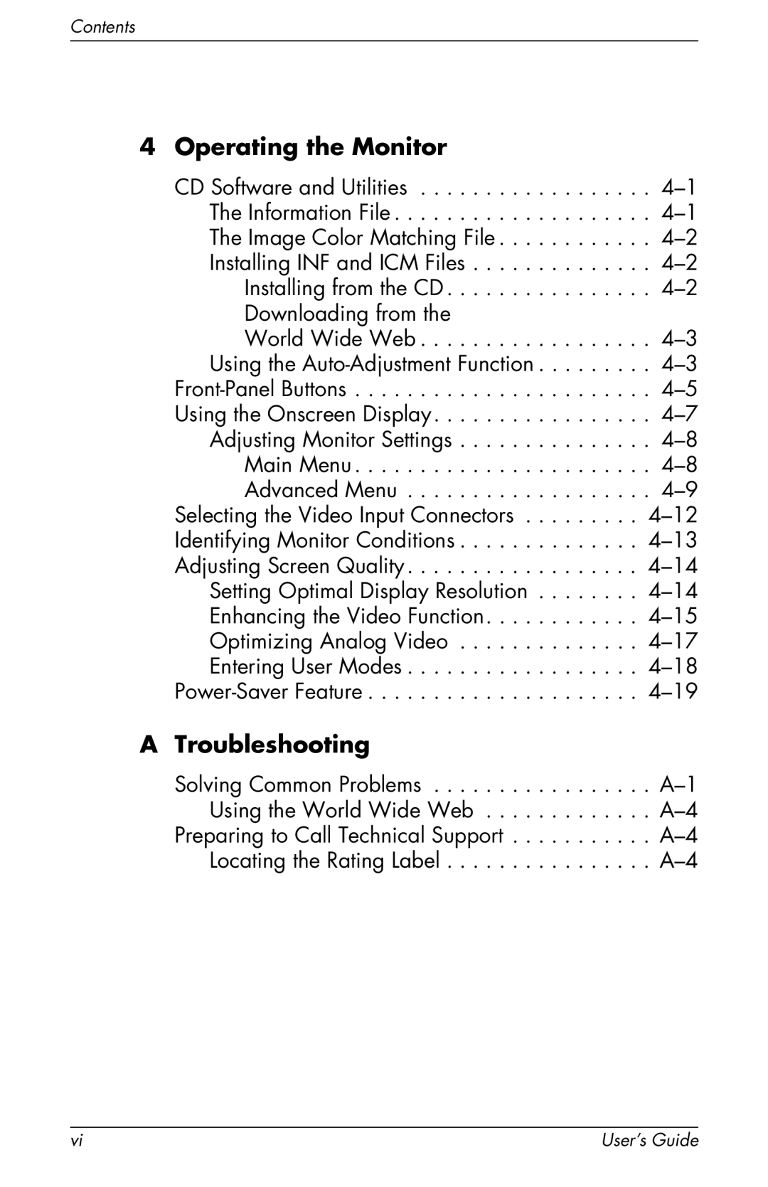 HP F2105 manual Operating the Monitor, Troubleshooting 