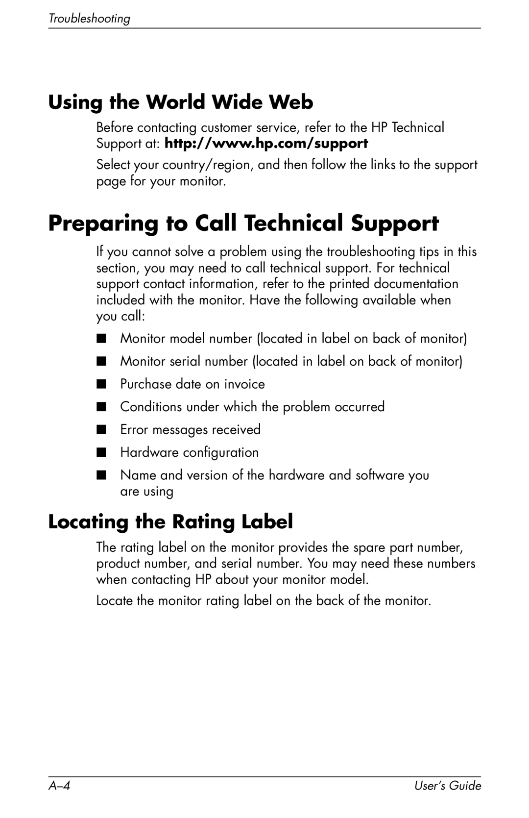 HP F2105 manual Preparing to Call Technical Support, Using the World Wide Web, Locating the Rating Label 