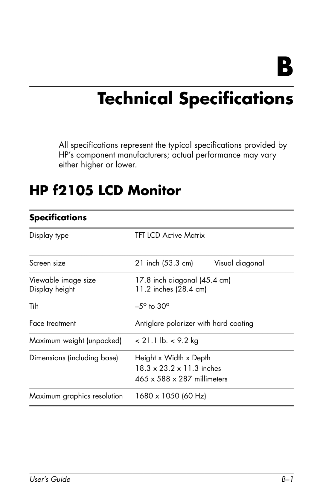 HP F2105 manual Technical Specifications, HP f2105 LCD Monitor 